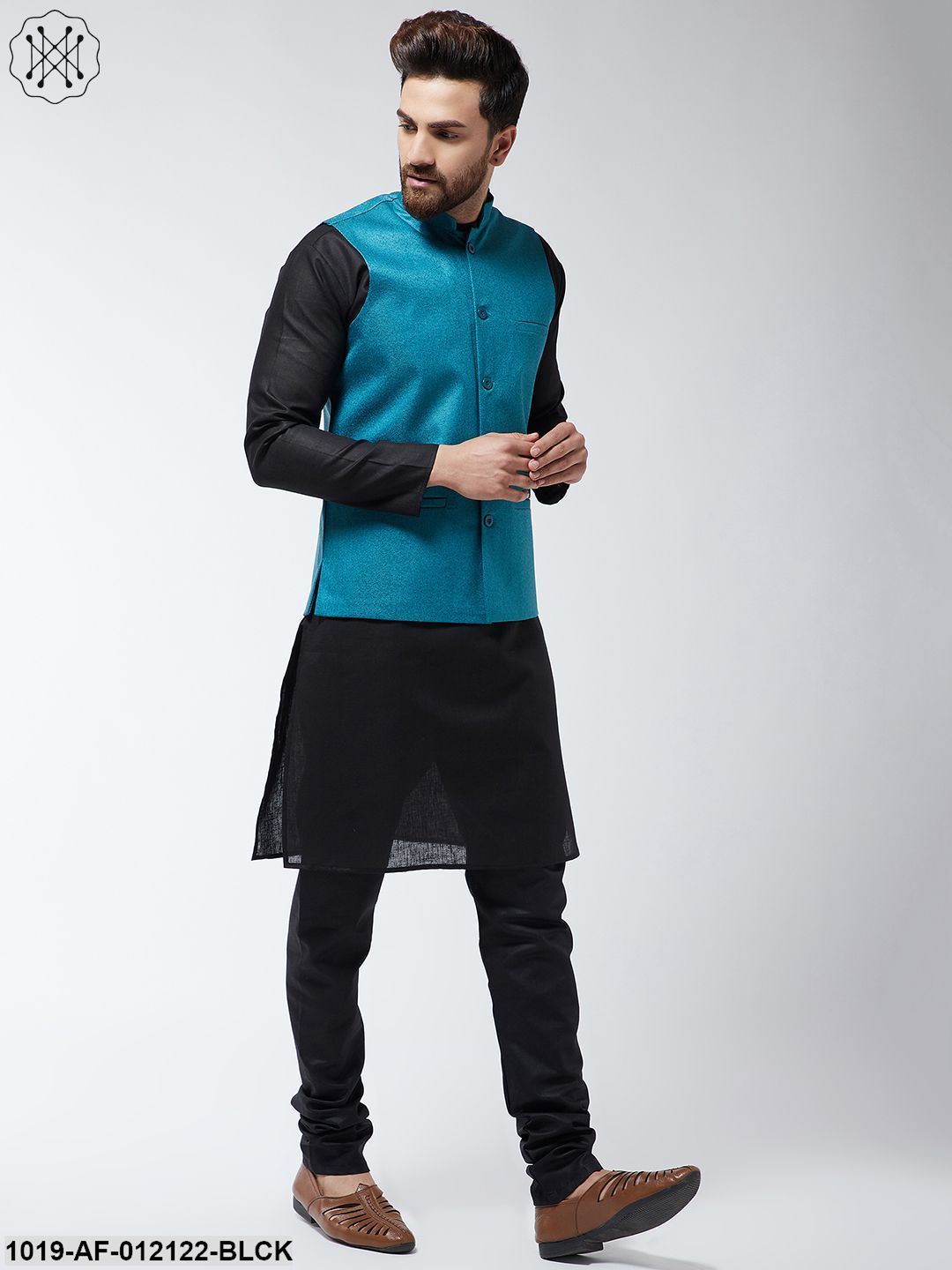 Men's Cotton Blend Black Kurta Pyjama & Peacock Blue Nehrujacket Set