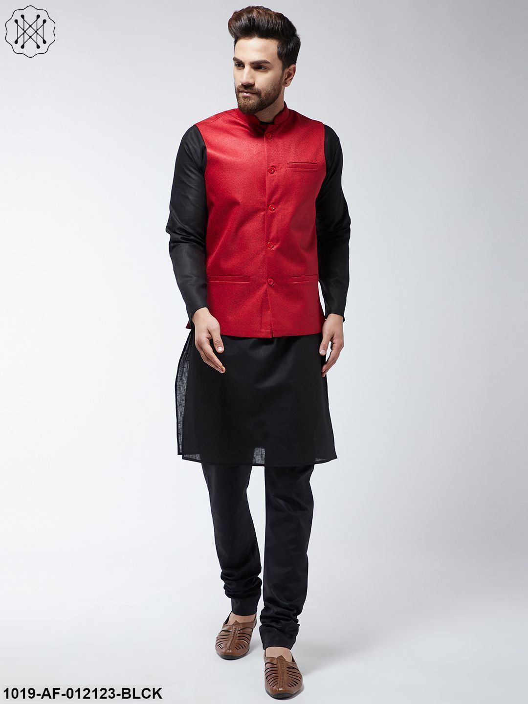 Men's Cotton Blend Black Kurta Pyjama & Red Nehrujacket Set