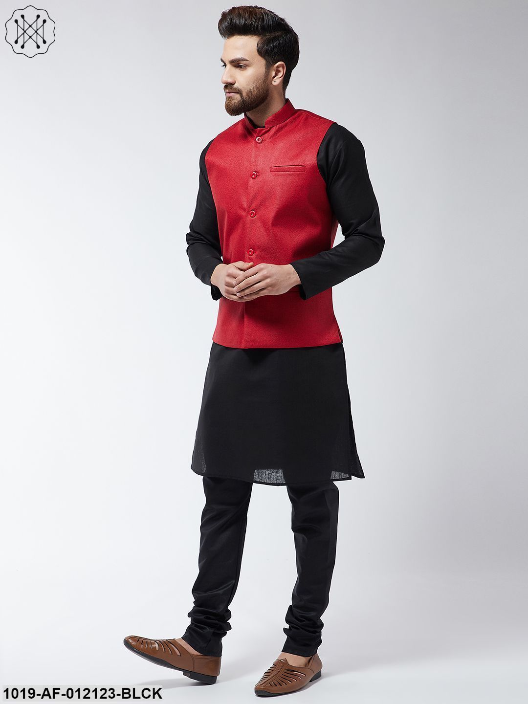 Men's Cotton Blend Black Kurta Pyjama & Red Nehrujacket Set