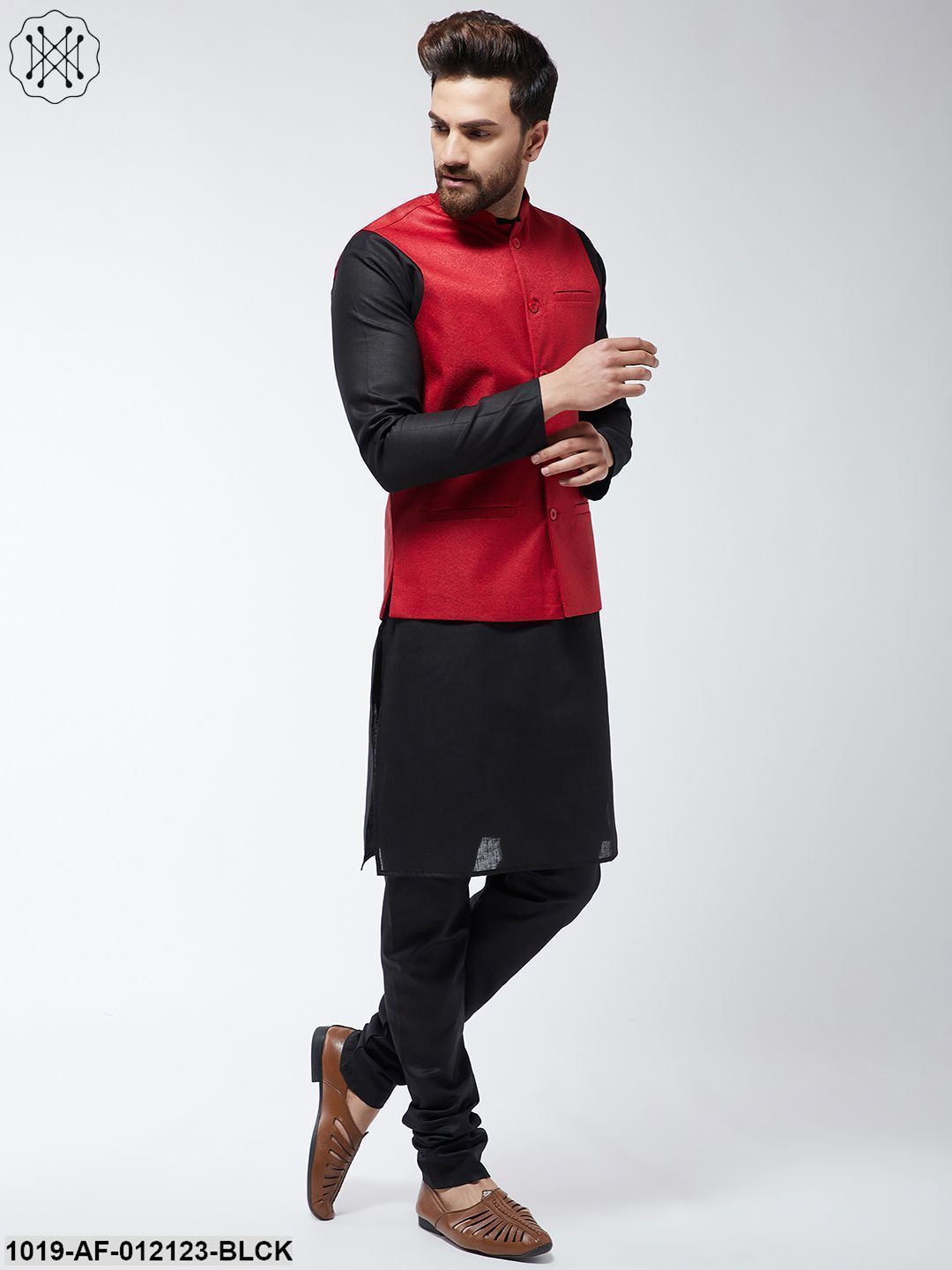 Men's Cotton Blend Black Kurta Pyjama & Red Nehrujacket Set