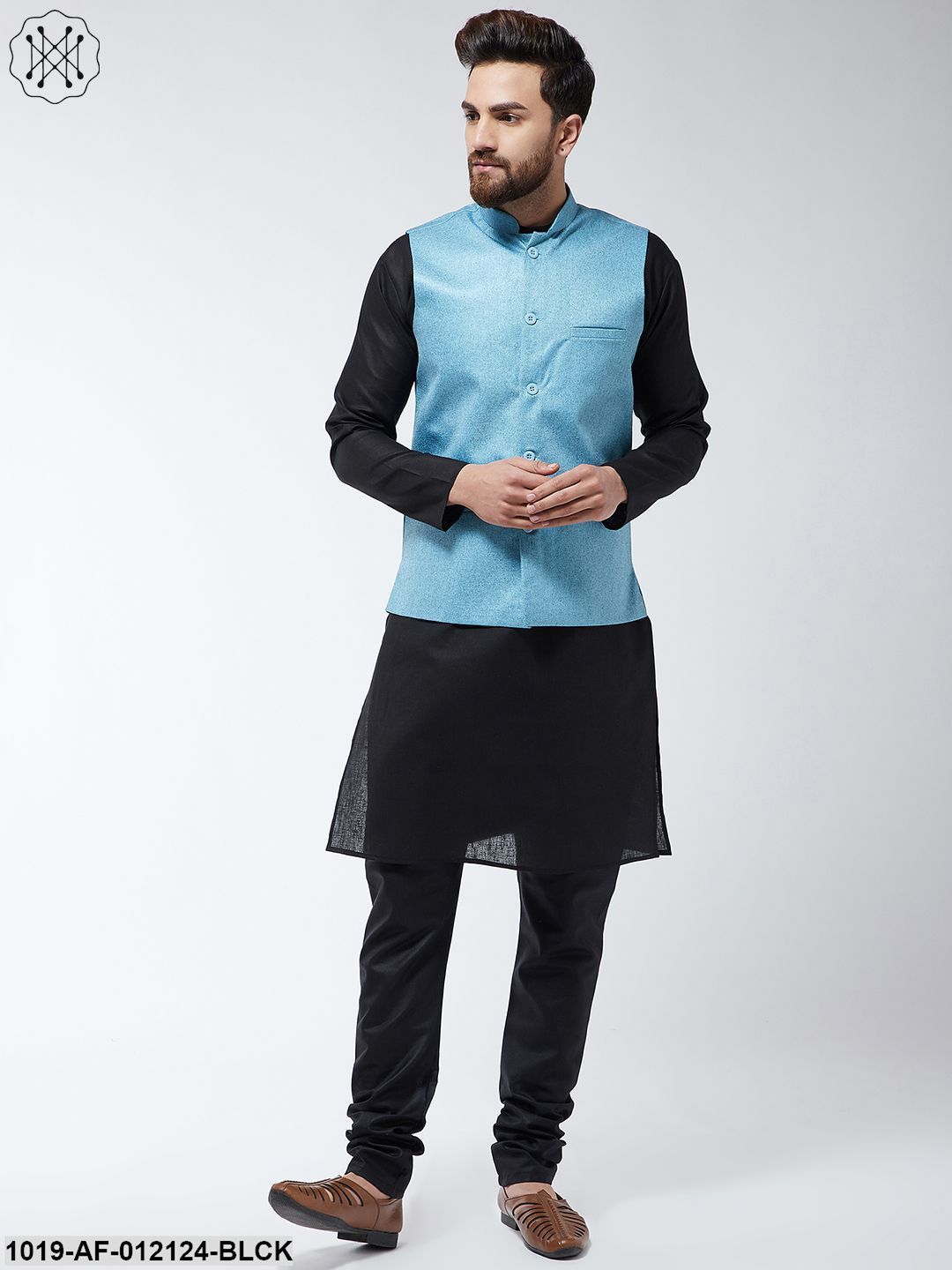 Men's Cotton Blend Black Kurta Pyjama & Sky Blue Nehrujacket Set