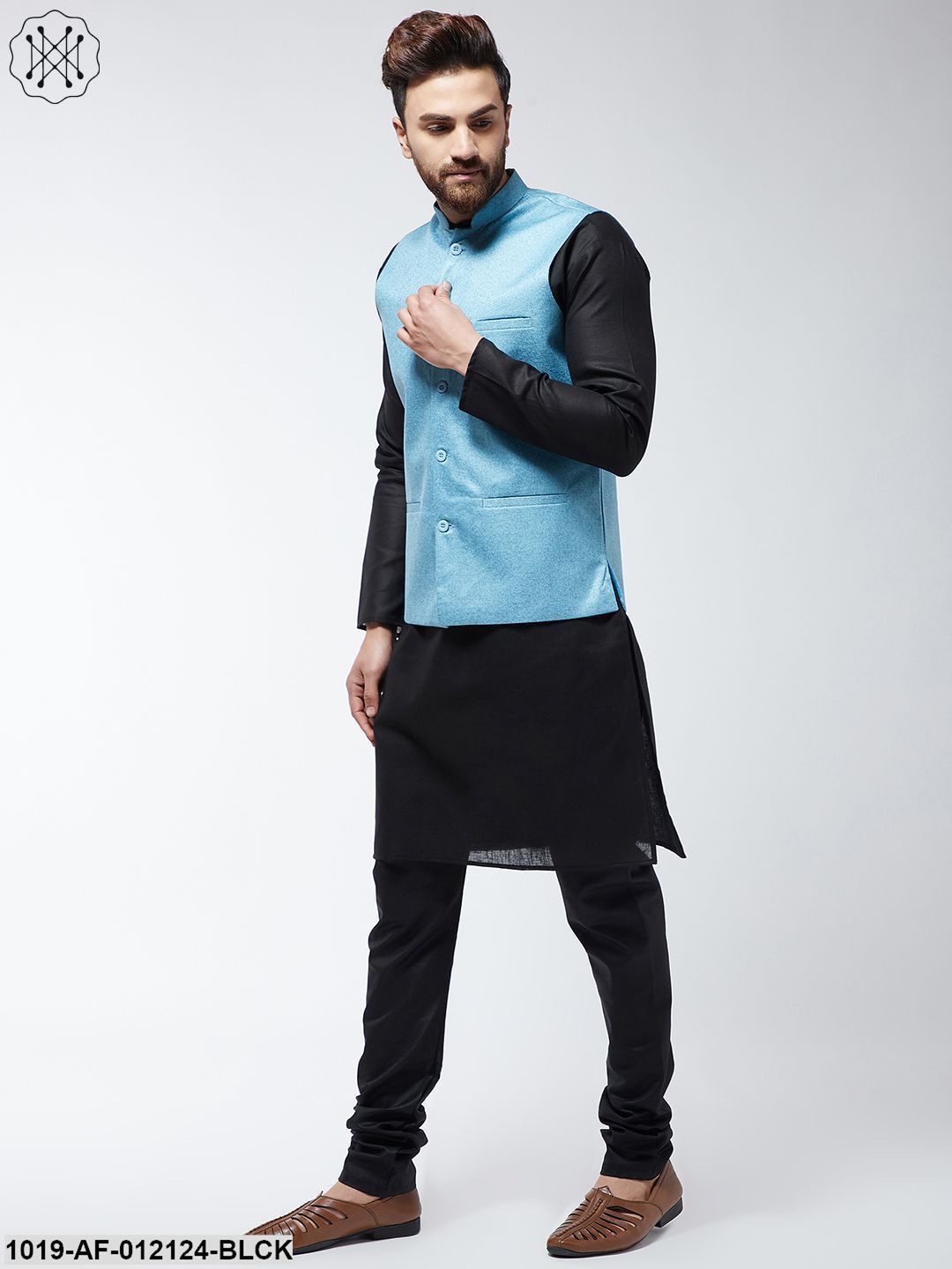Men's Cotton Blend Black Kurta Pyjama & Sky Blue Nehrujacket Set