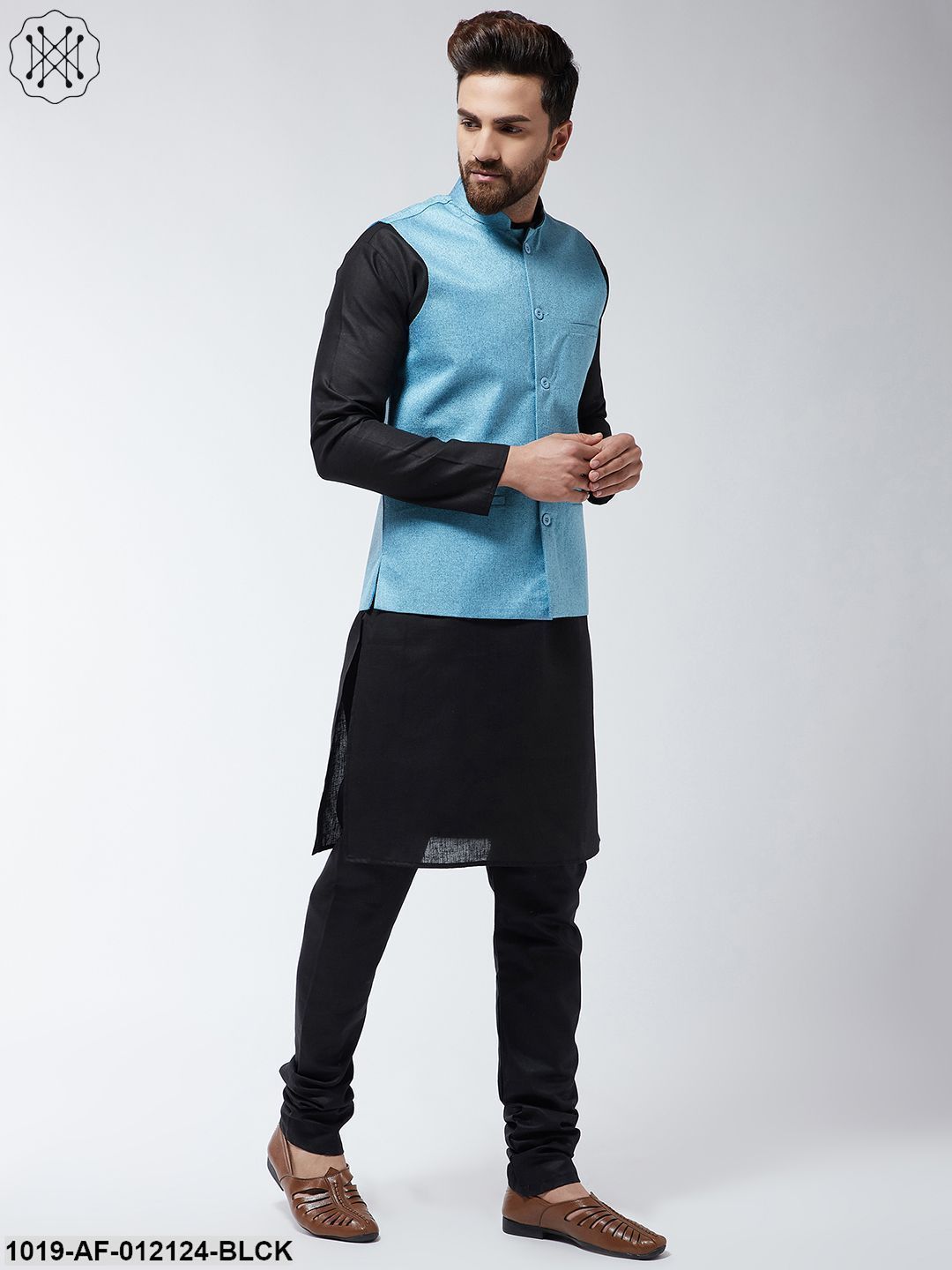 Men's Cotton Blend Black Kurta Pyjama & Sky Blue Nehrujacket Set