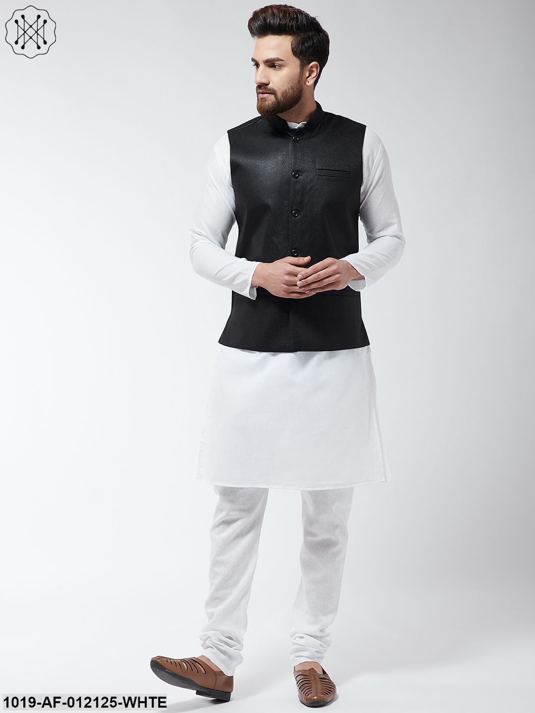 Men's Cotton Blend White Kurta Pyjama & Black Nehrujacket Set