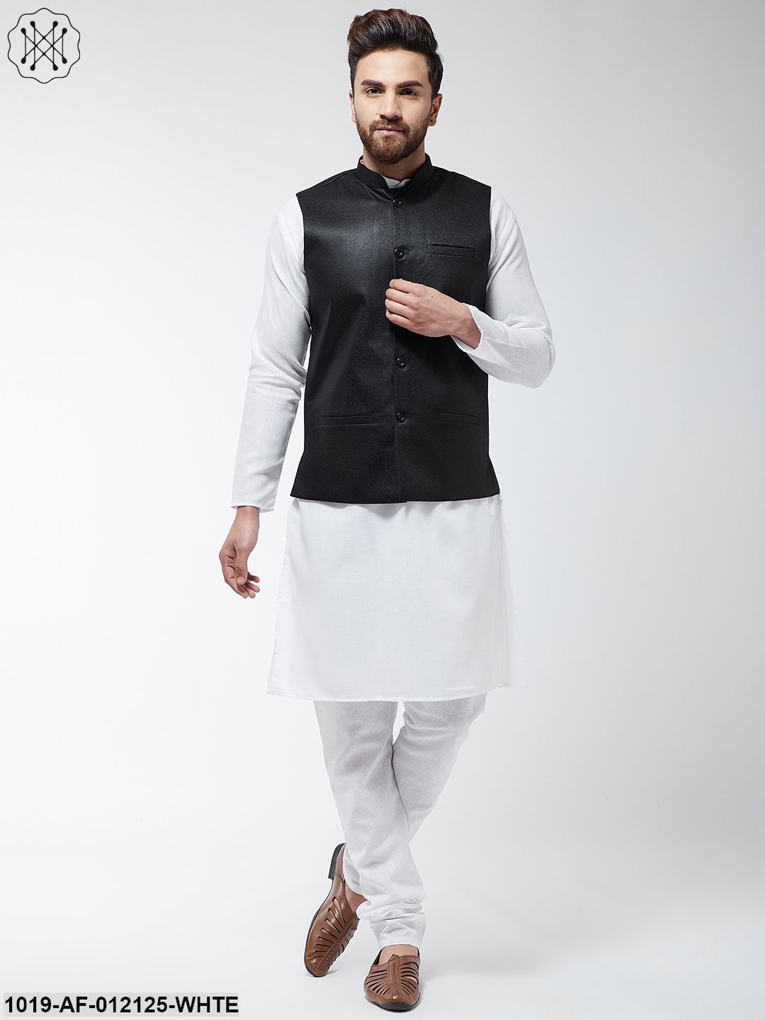 Men's Cotton Blend White Kurta Pyjama & Black Nehrujacket Set