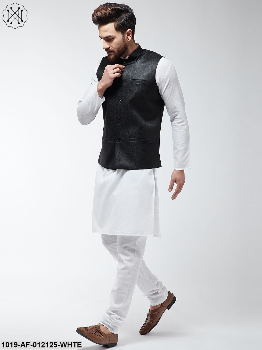 Men's Cotton Blend White Kurta Pyjama & Black Nehrujacket Set