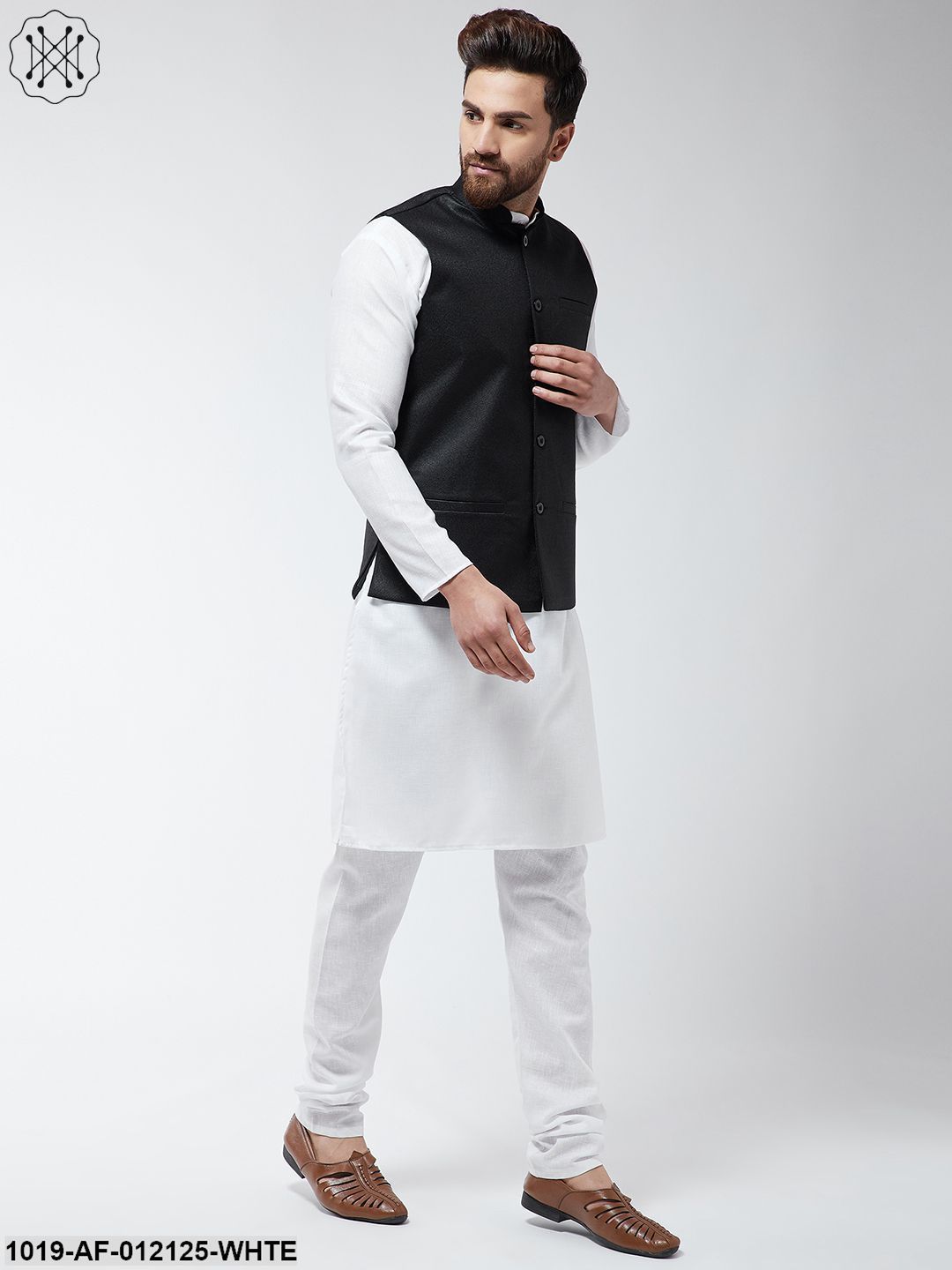 Men's Cotton Blend White Kurta Pyjama & Black Nehrujacket Set