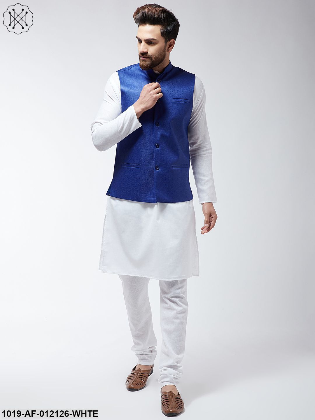 Men's Cotton Blend White Kurta Pyjama & Royal Blue Nehrujacket Set