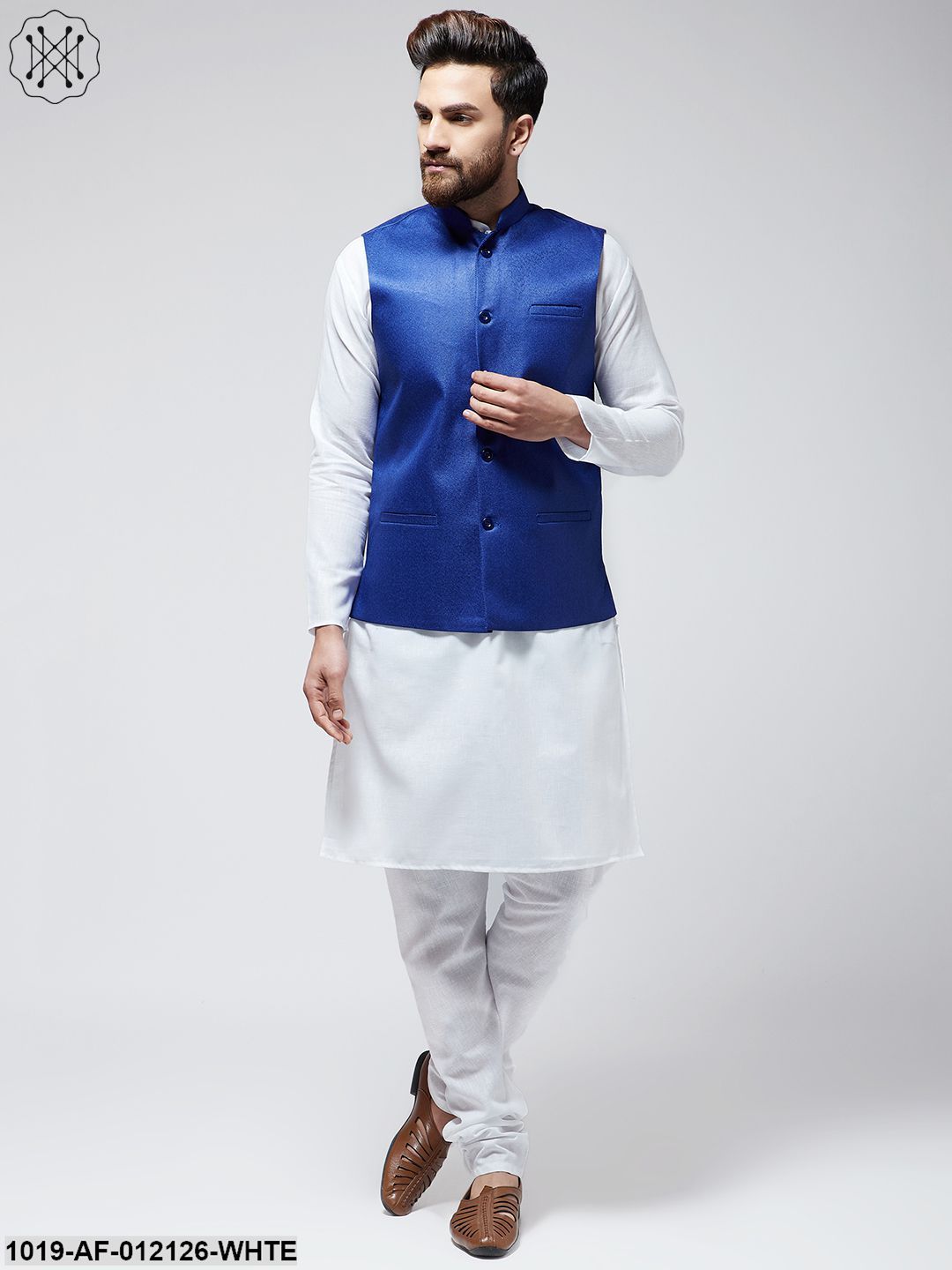Men's Cotton Blend White Kurta Pyjama & Royal Blue Nehrujacket Set