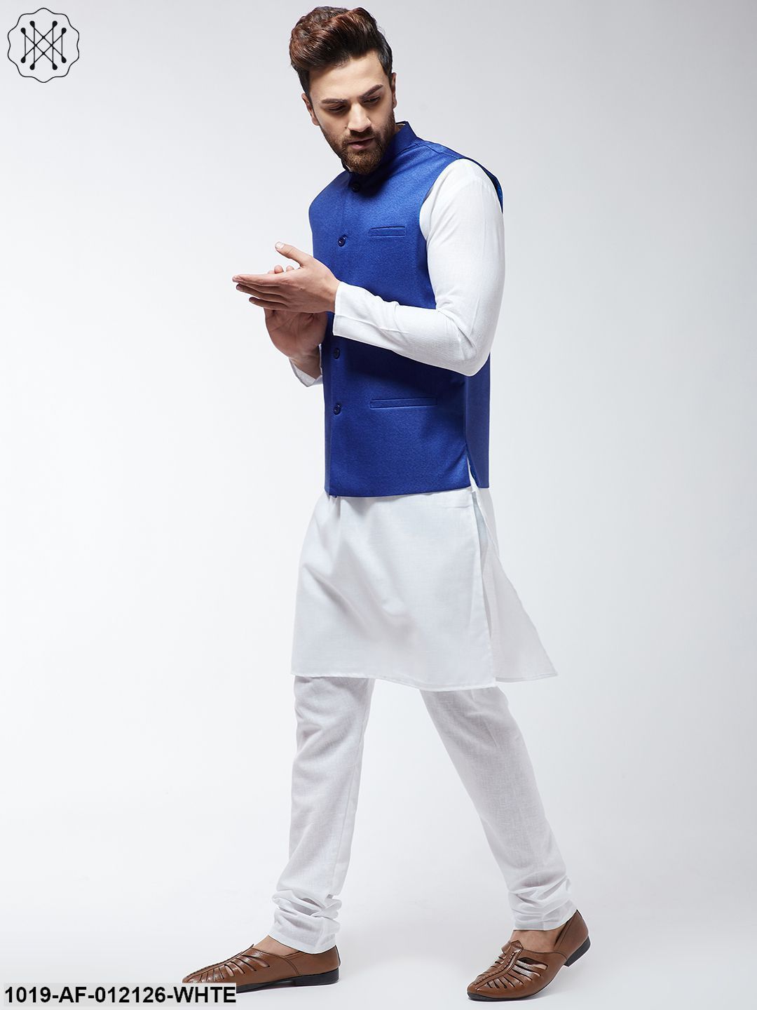Men's Cotton Blend White Kurta Pyjama & Royal Blue Nehrujacket Set