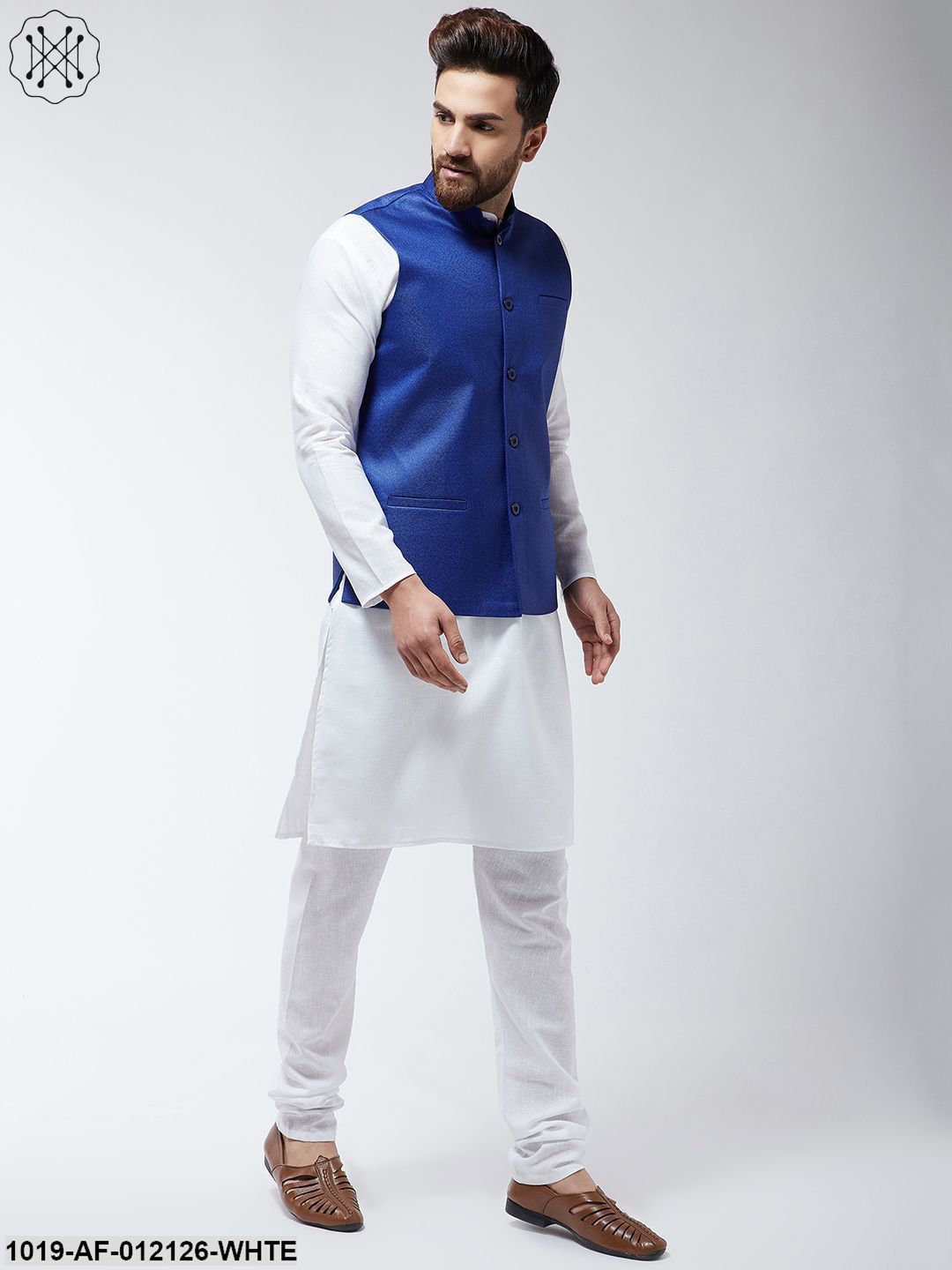 Men's Cotton Blend White Kurta Pyjama & Royal Blue Nehrujacket Set