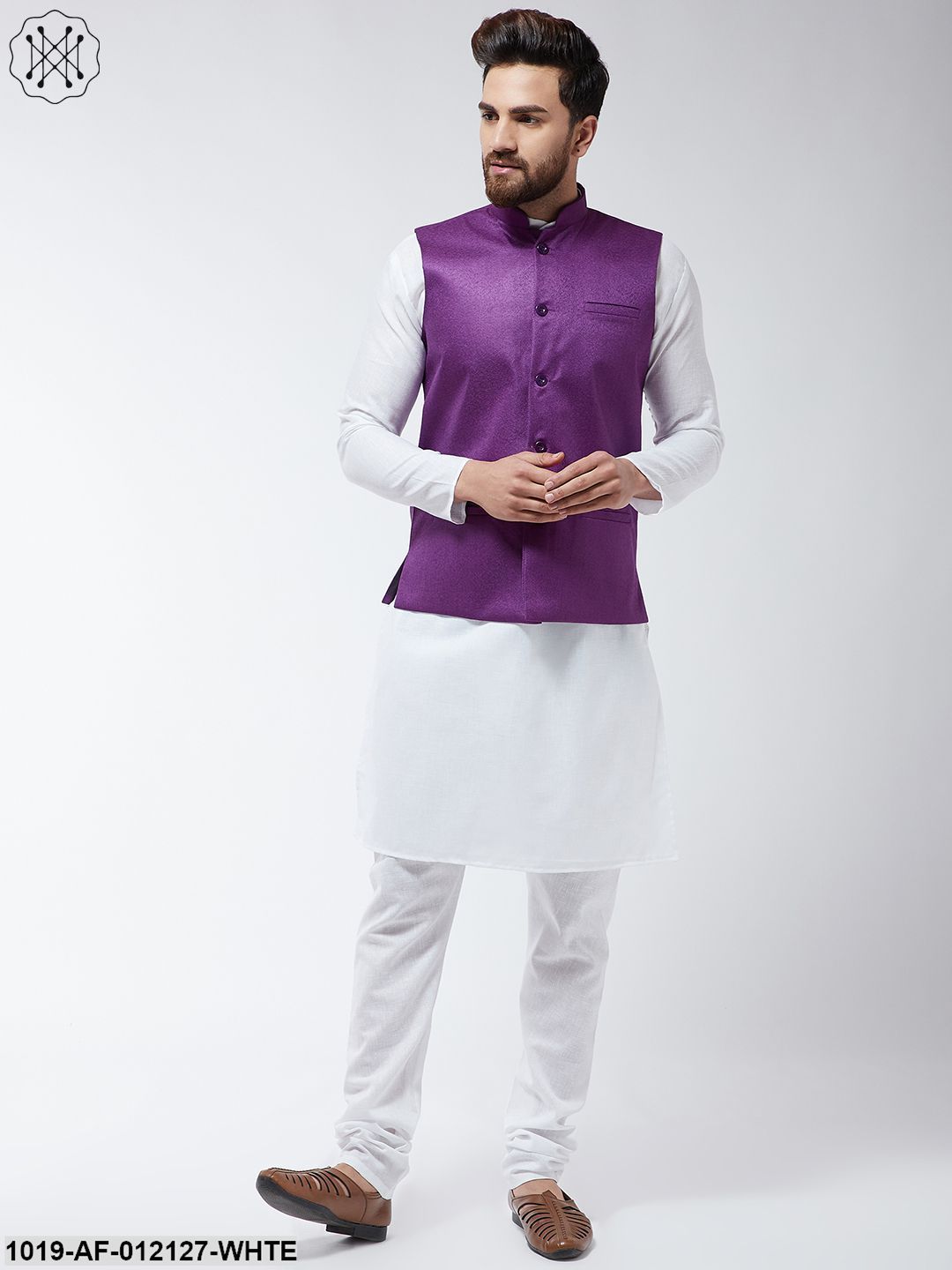 Men's Cotton Blend White Kurta Pyjama & Purple Nehrujacket Set