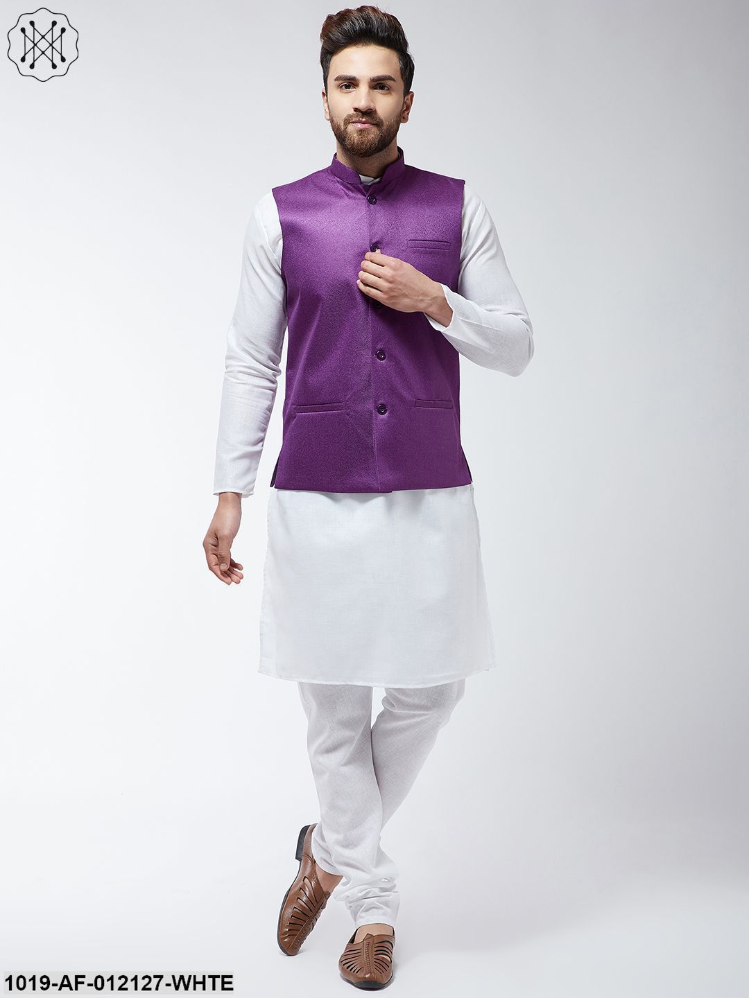Men's Cotton Blend White Kurta Pyjama & Purple Nehrujacket Set