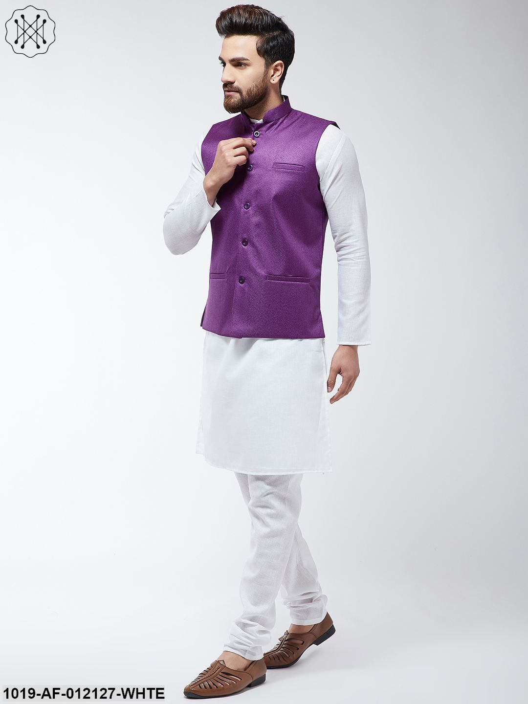 Men's Cotton Blend White Kurta Pyjama & Purple Nehrujacket Set