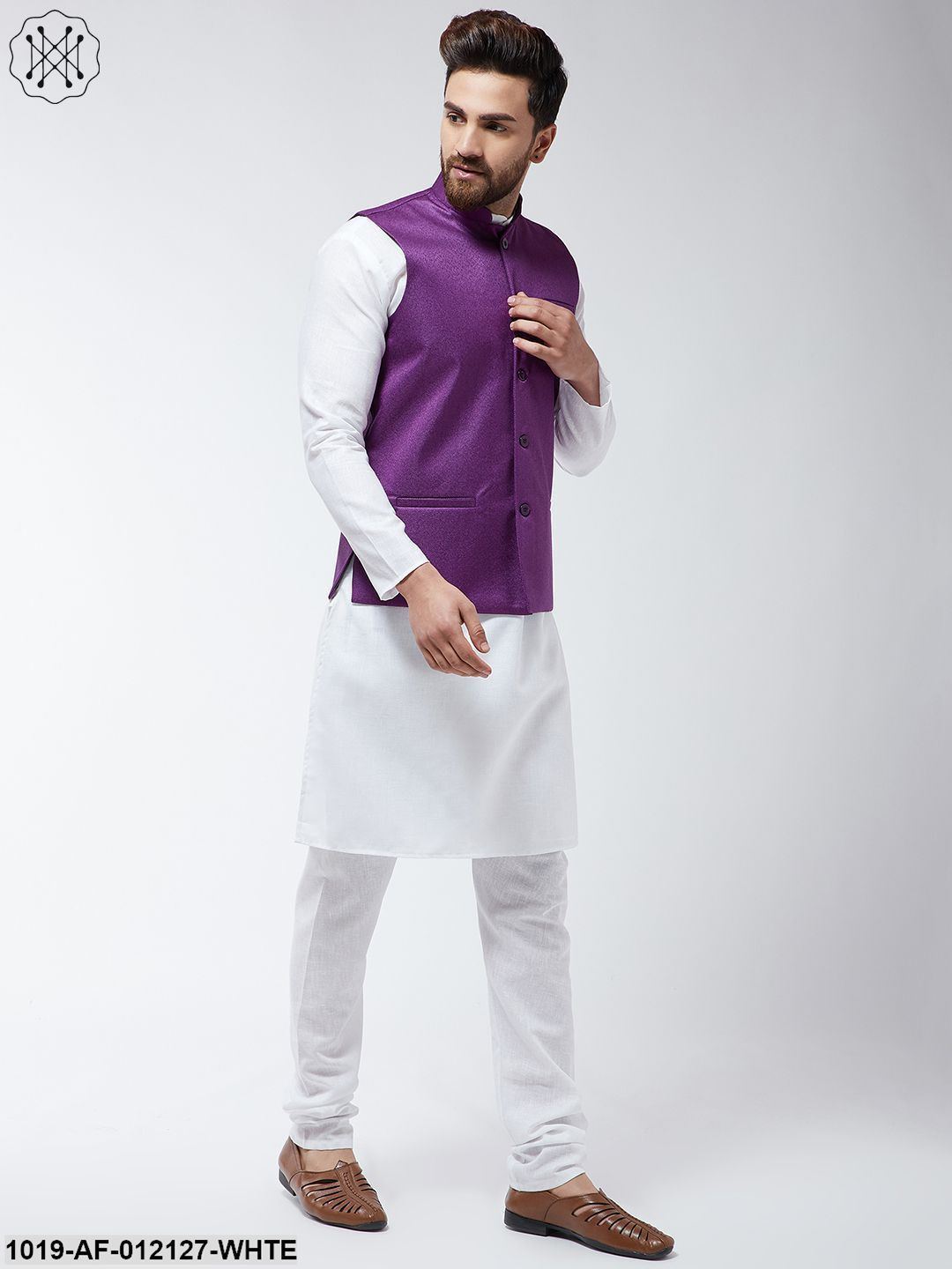 Men's Cotton Blend White Kurta Pyjama & Purple Nehrujacket Set