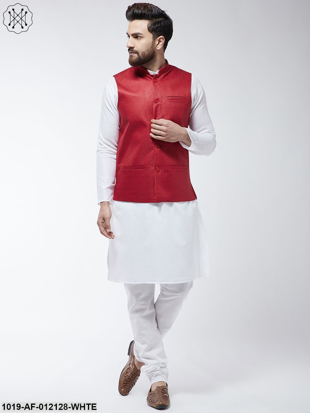 Men's Cotton Blend White Kurta Pyjama & Red Nehrujacket Set