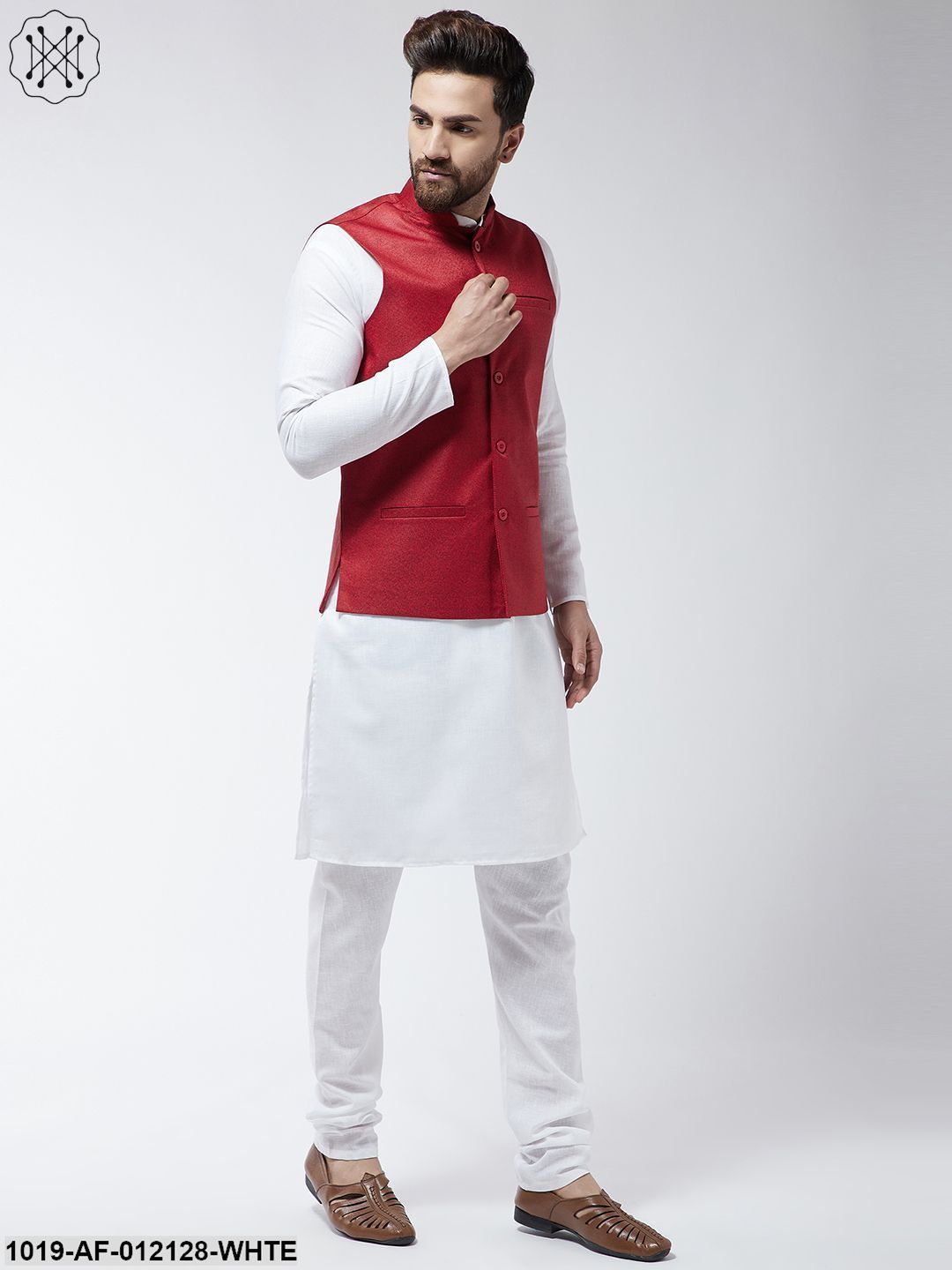 Men's Cotton Blend White Kurta Pyjama & Red Nehrujacket Set