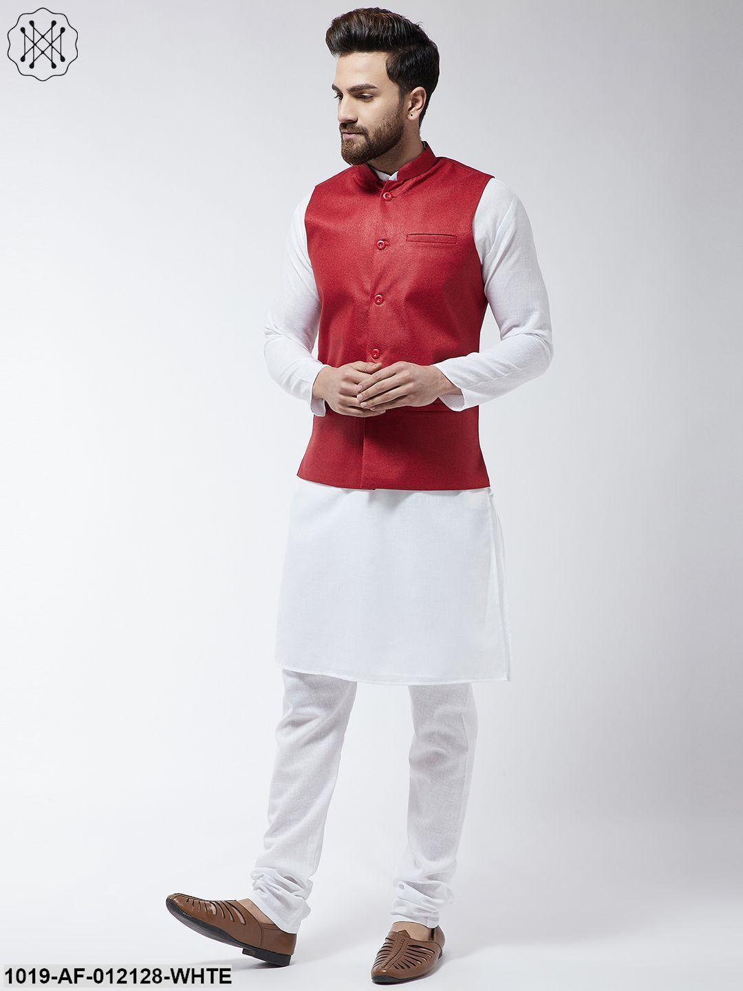 Men's Cotton Blend White Kurta Pyjama & Red Nehrujacket Set