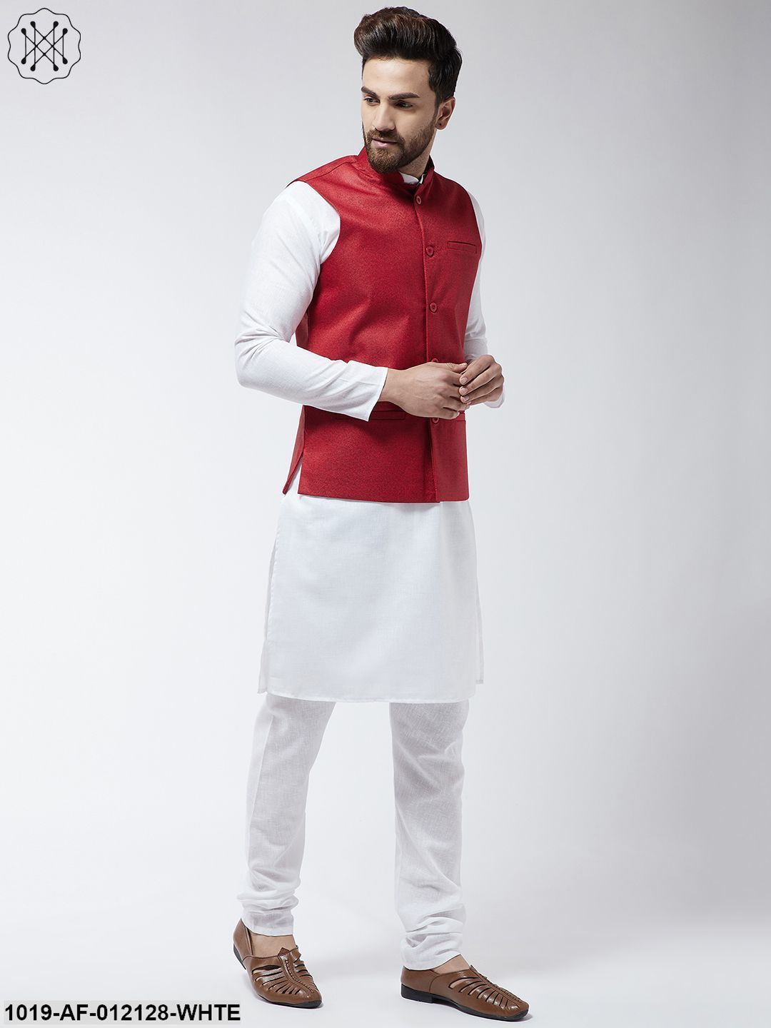 Men's Cotton Blend White Kurta Pyjama & Red Nehrujacket Set