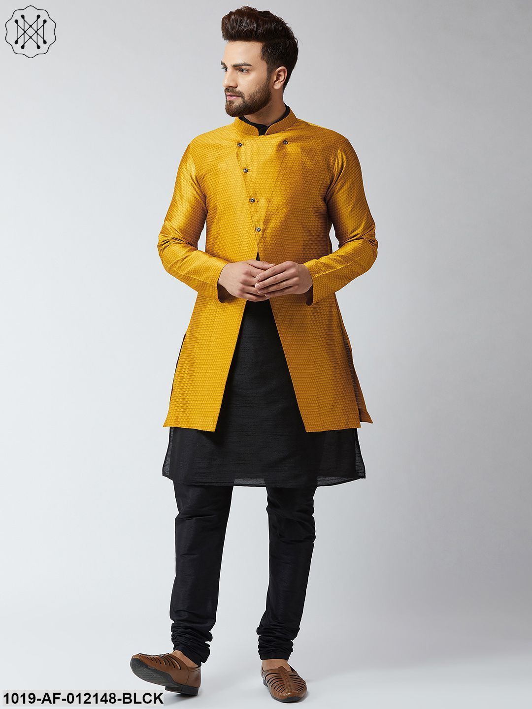 Men's Silk Blend Black Kurta Churidaar Pyjama & Mustard Sherwani Jacket Set - Sojanya