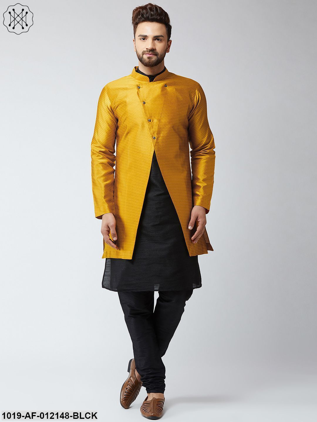 Men's Silk Blend Black Kurta Churidaar Pyjama & Mustard Sherwani Jacket Set - Sojanya