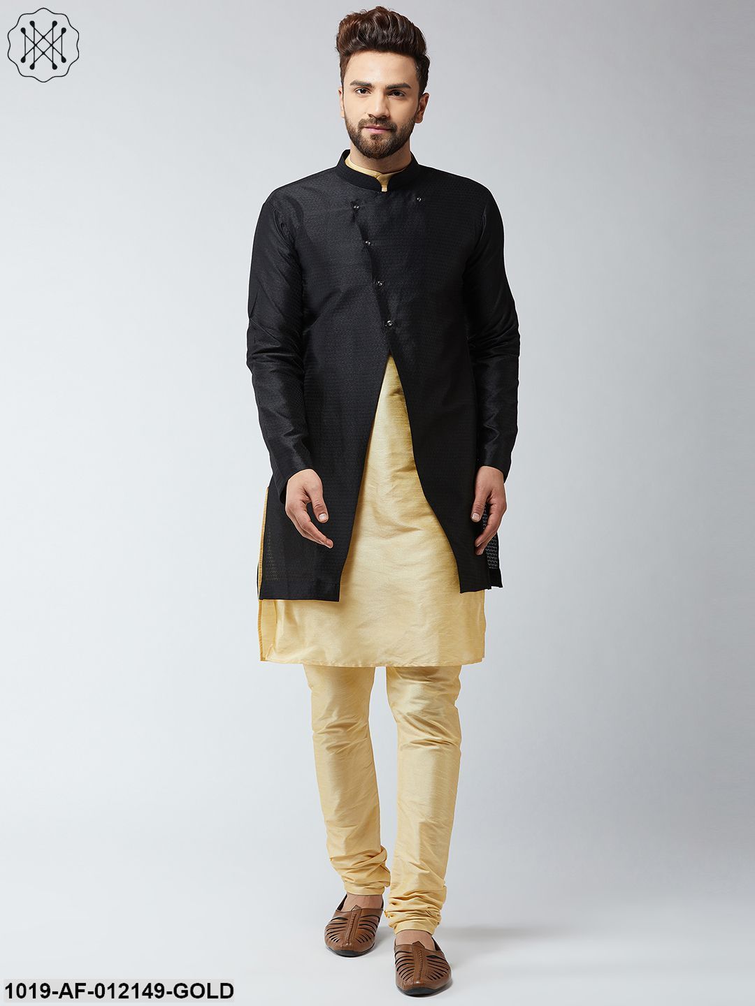 Men's Silk Blend Gold Kurta Churidaar Pyjama & Black Sherwani Jacket Set - Sojanya