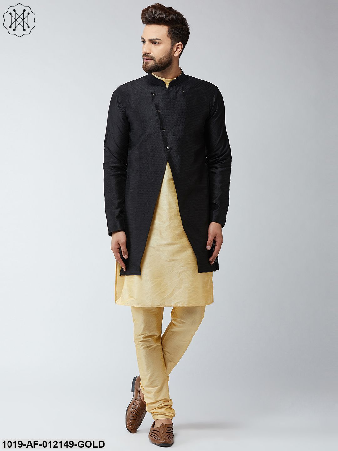 Men's Silk Blend Gold Kurta Churidaar Pyjama & Black Sherwani Jacket Set - Sojanya