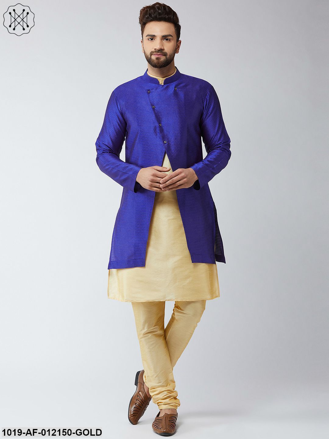 Men's Silk Blend Gold Kurta Churidaar Pyjama & Royal Blue Sherwani Jacket Set