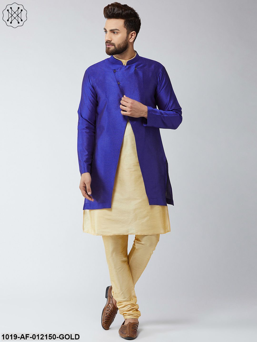 Men's Silk Blend Gold Kurta Churidaar Pyjama & Royal Blue Sherwani Jacket Set