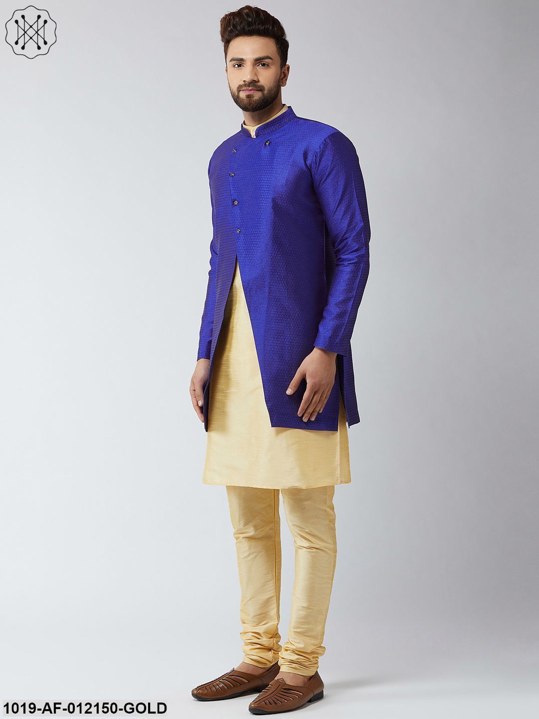 Men's Silk Blend Gold Kurta Churidaar Pyjama & Royal Blue Sherwani Jacket Set