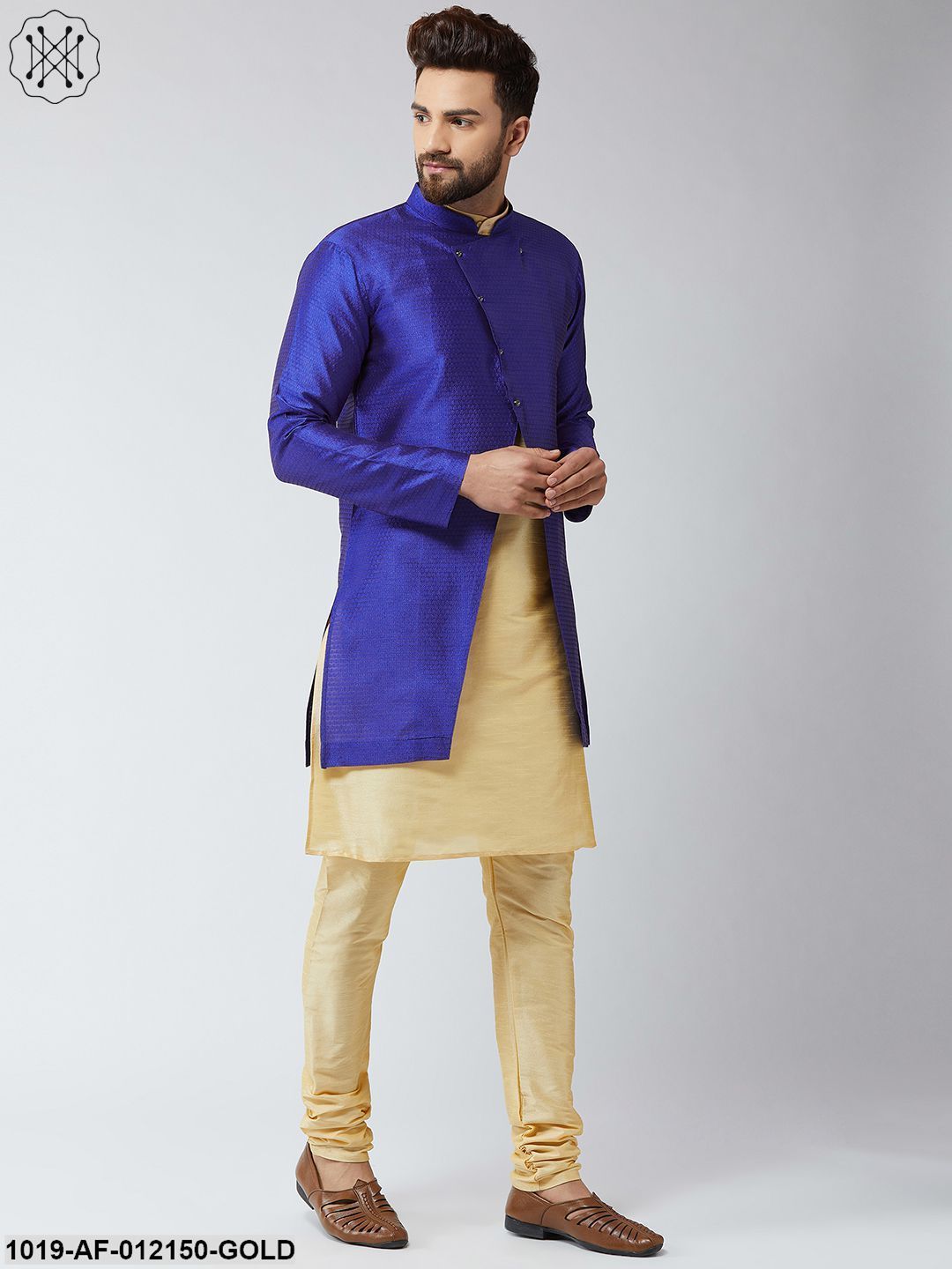 Men's Silk Blend Gold Kurta Churidaar Pyjama & Royal Blue Sherwani Jacket Set