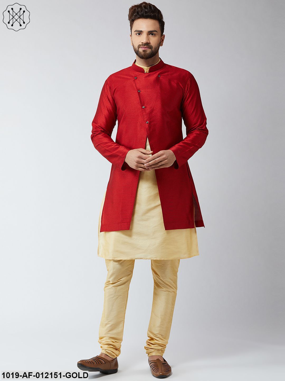 Men's Silk Blend Gold Kurta Churidaar Pyjama & Royal Blue Sherwani Jacket Set - Sojanya