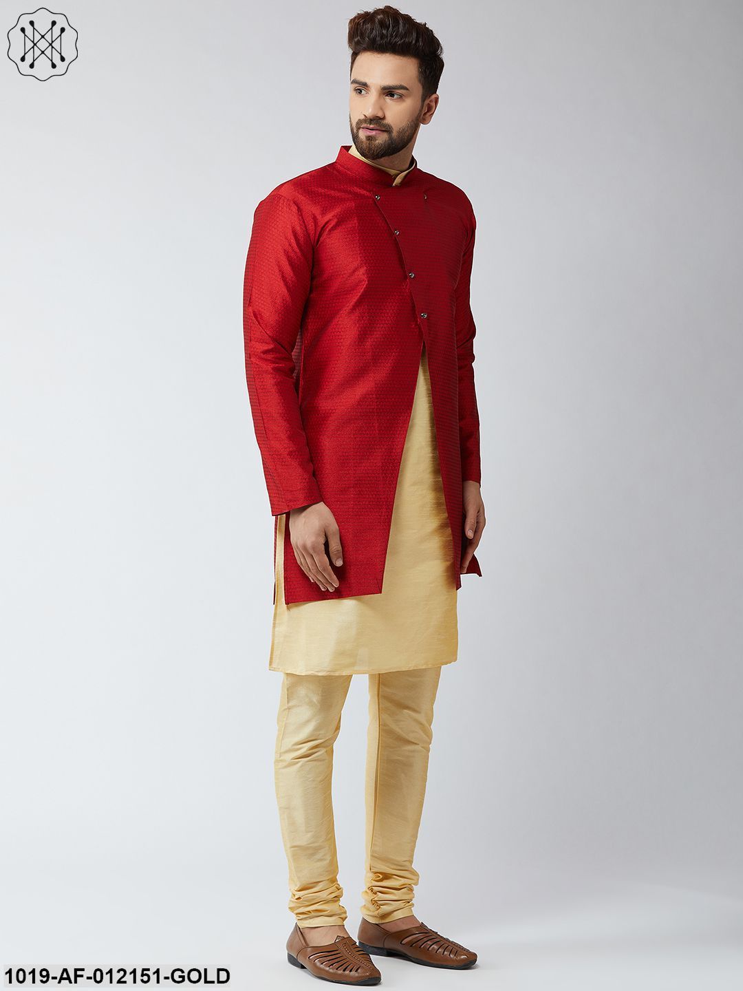 Men's Silk Blend Gold Kurta Churidaar Pyjama & Royal Blue Sherwani Jacket Set - Sojanya