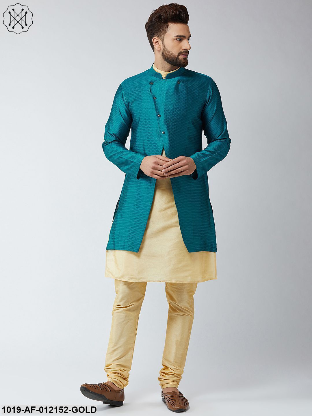 Men's Silk Blend Gold Kurta Churidaar Pyjama & Peacock Sherwani Jacket Set - Sojanya
