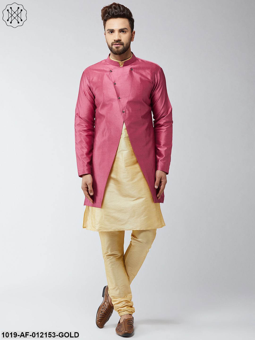 Men's Silk Blend Gold Kurta Churidaar Pyjama & Pink Sherwani Jacket Set - Sojanya