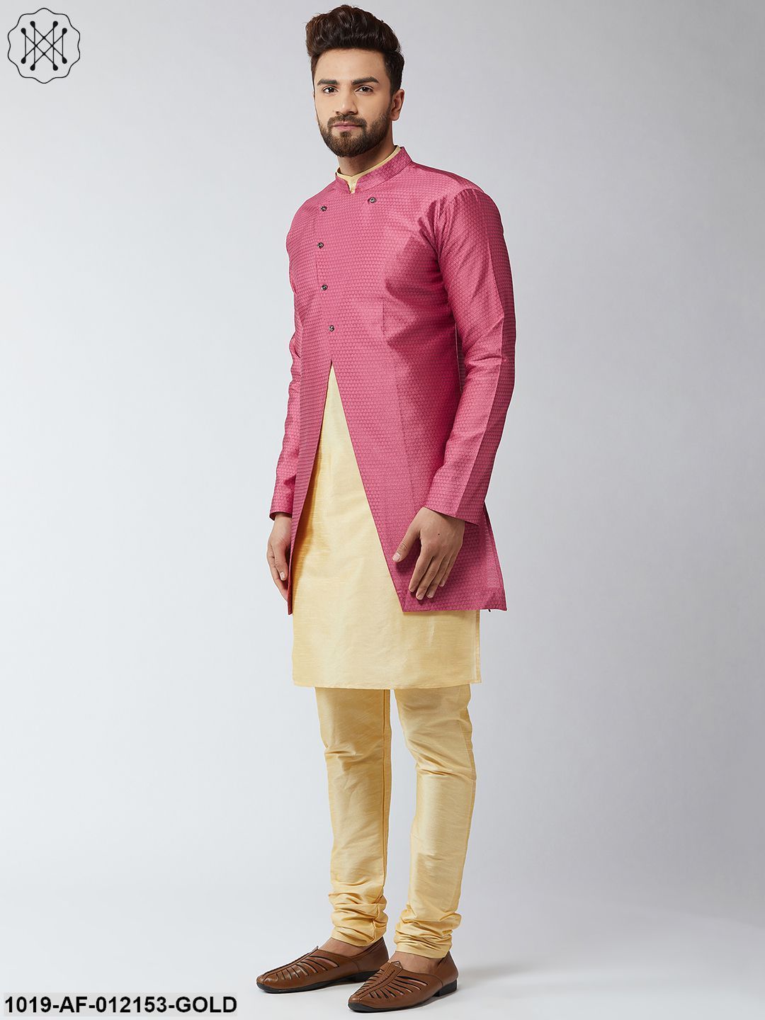 Men's Silk Blend Gold Kurta Churidaar Pyjama & Pink Sherwani Jacket Set - Sojanya