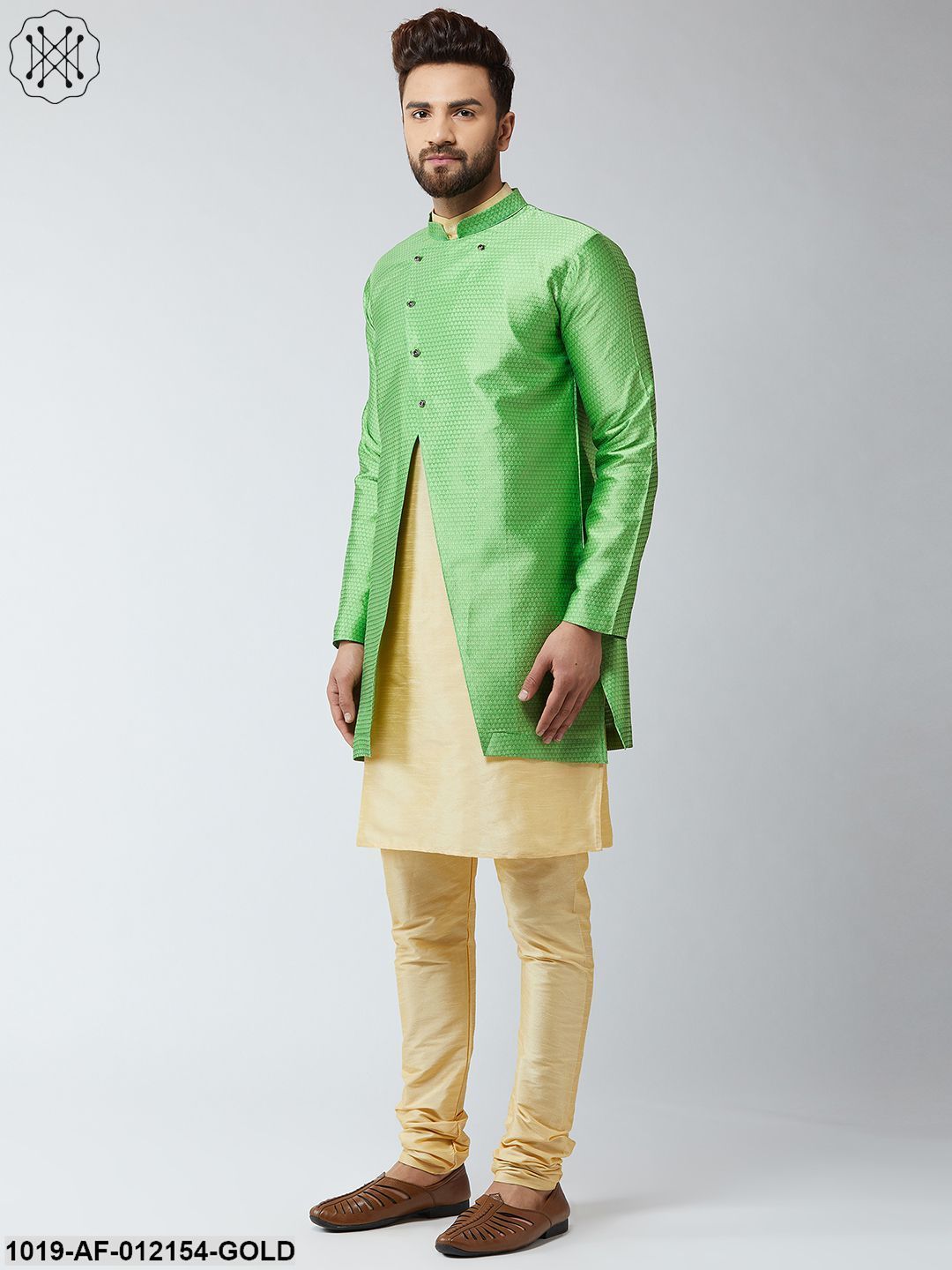 Men's Silk Blend Gold Kurta Churidaar Pyjama & Green Sherwani Jacket Set - Sojanya