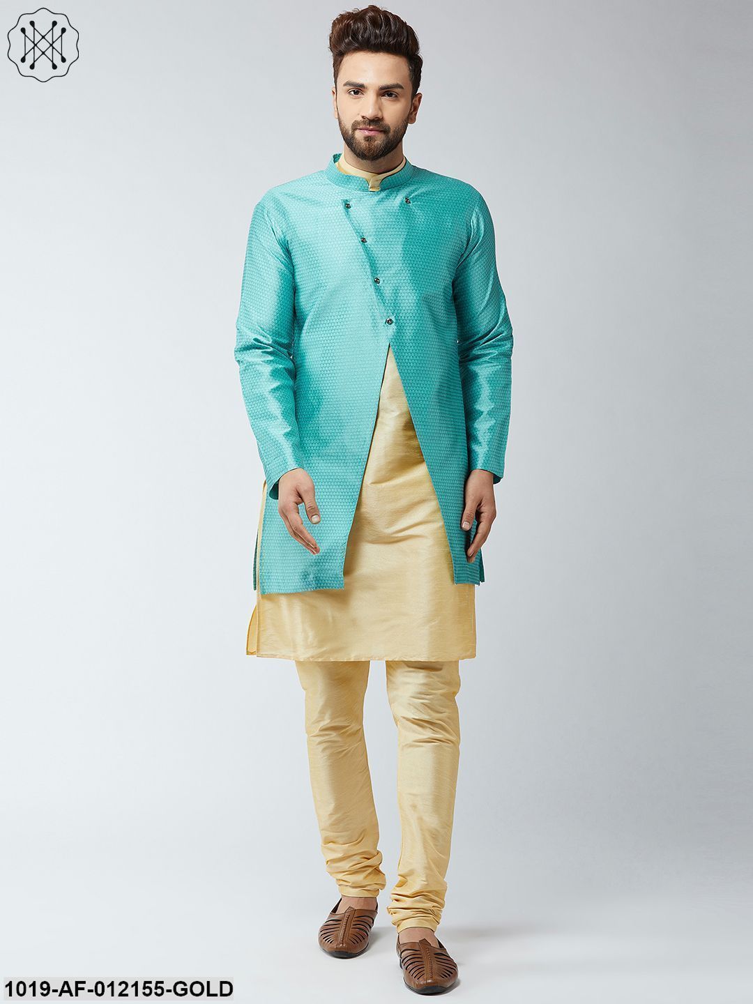 Men's Silk Blend Gold Kurta Churidaar Pyjama & Sky Blue Sherwani Jacket Set
