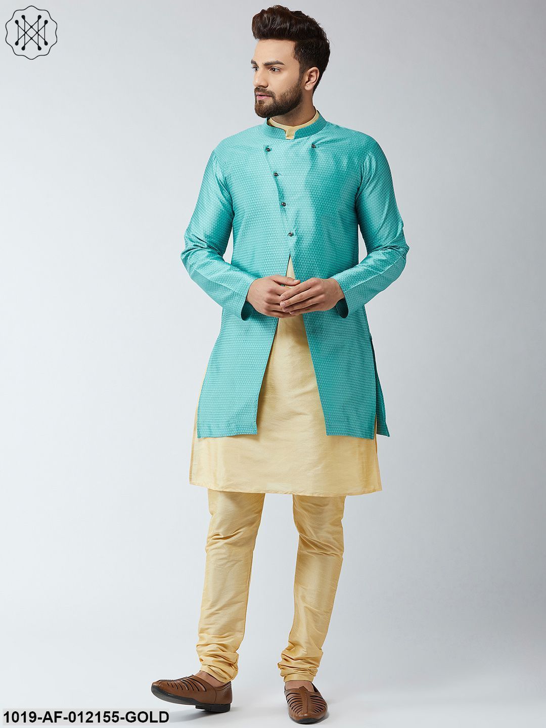 Men's Silk Blend Gold Kurta Churidaar Pyjama & Sky Blue Sherwani Jacket Set
