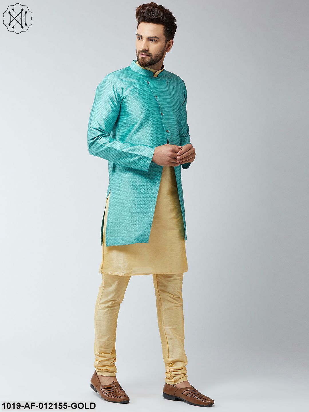 Men's Silk Blend Gold Kurta Churidaar Pyjama & Sky Blue Sherwani Jacket Set