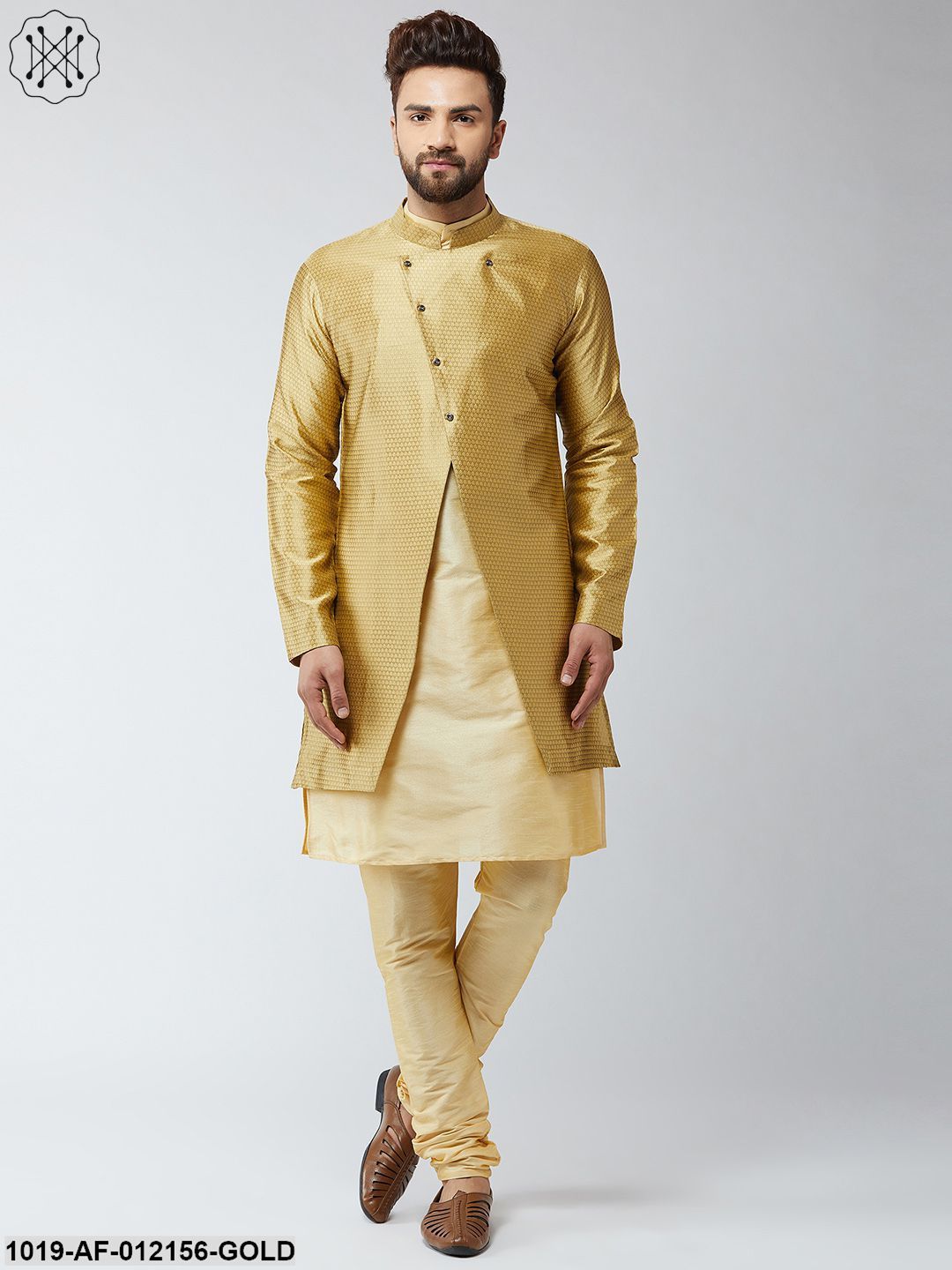 Men's Silk Blend Gold Kurta Churidaar Pyjama & Gold Sherwani Jacket Set