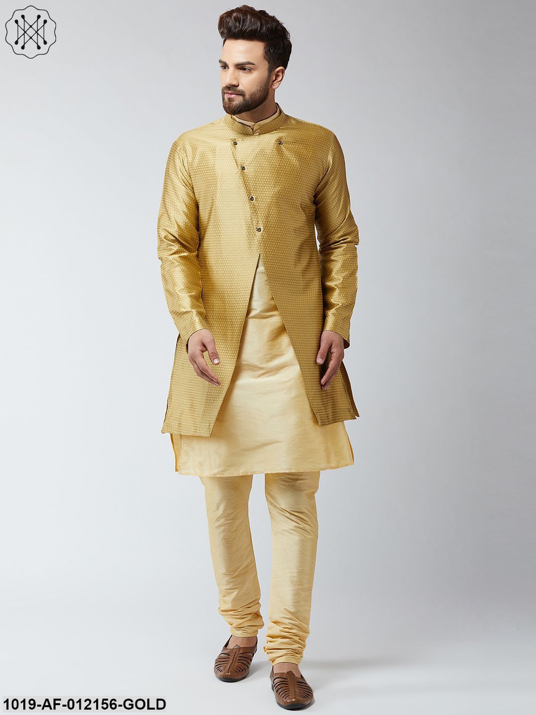Men's Silk Blend Gold Kurta Churidaar Pyjama & Gold Sherwani Jacket Set