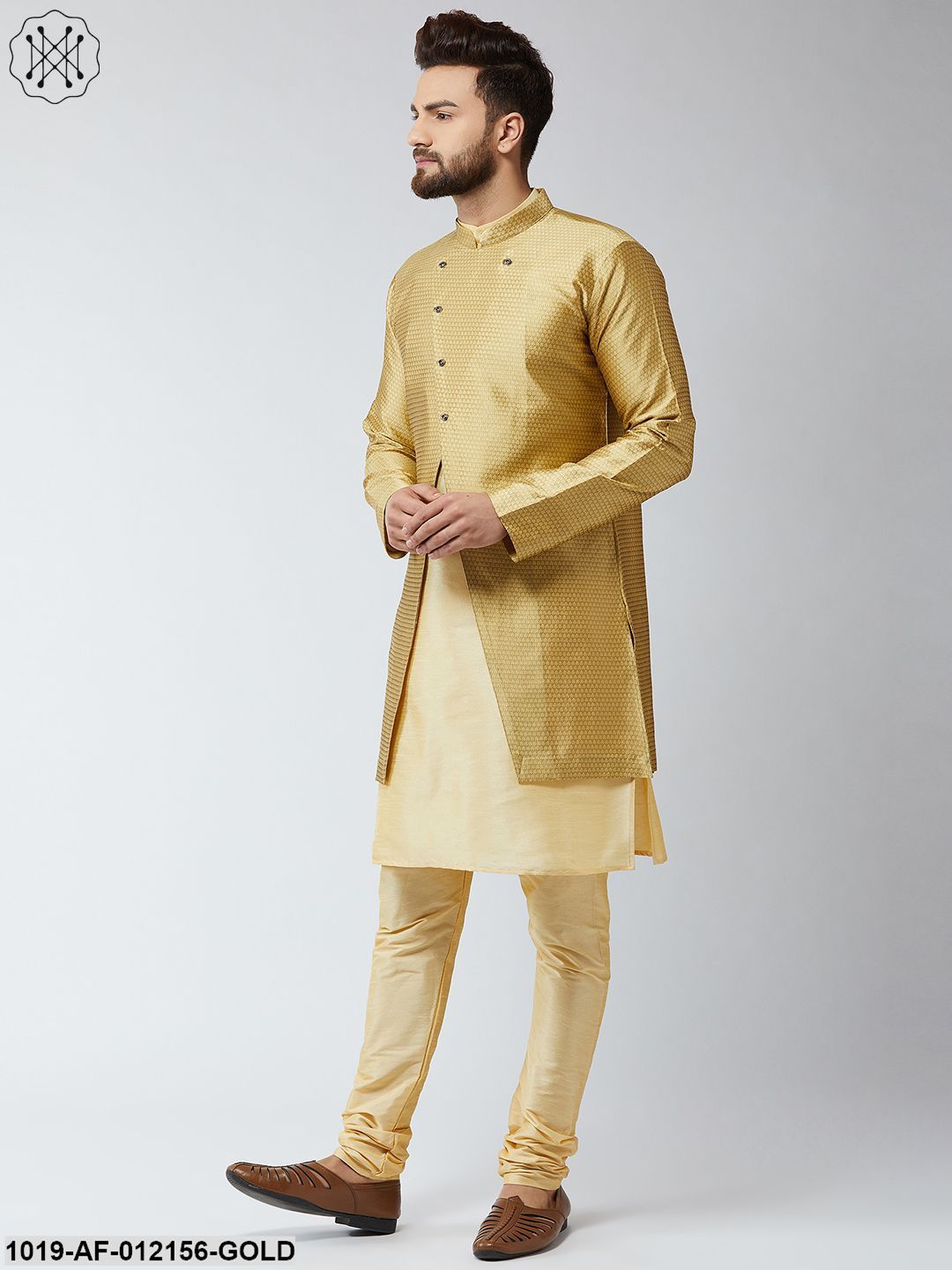 Men's Silk Blend Gold Kurta Churidaar Pyjama & Gold Sherwani Jacket Set