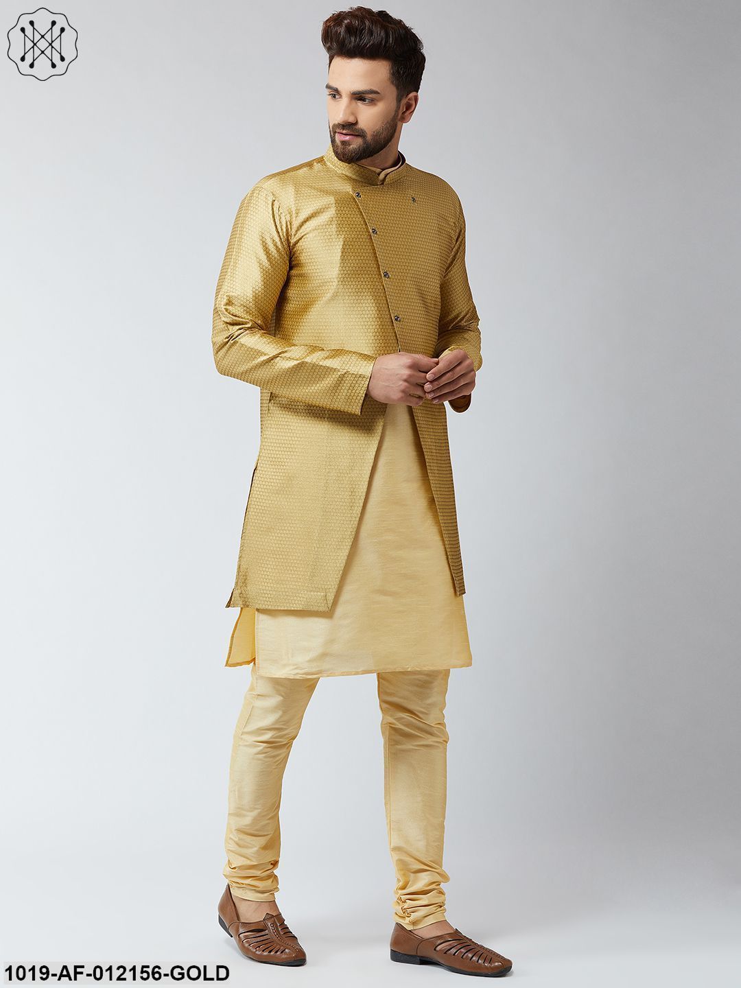 Men's Silk Blend Gold Kurta Churidaar Pyjama & Gold Sherwani Jacket Set