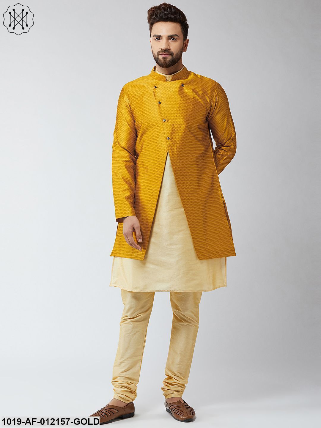 Men's Silk Blend Gold Kurta Churidaar Pyjama & Mustard Sherwani Jacket Set - Sojanya