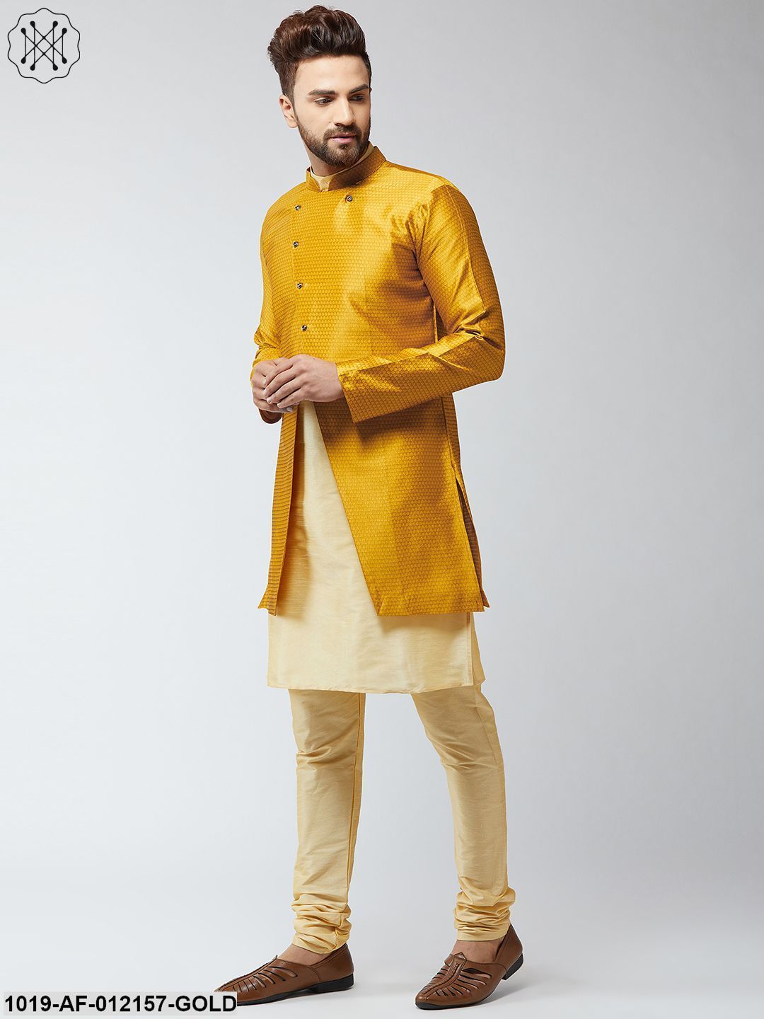 Men's Silk Blend Gold Kurta Churidaar Pyjama & Mustard Sherwani Jacket Set - Sojanya