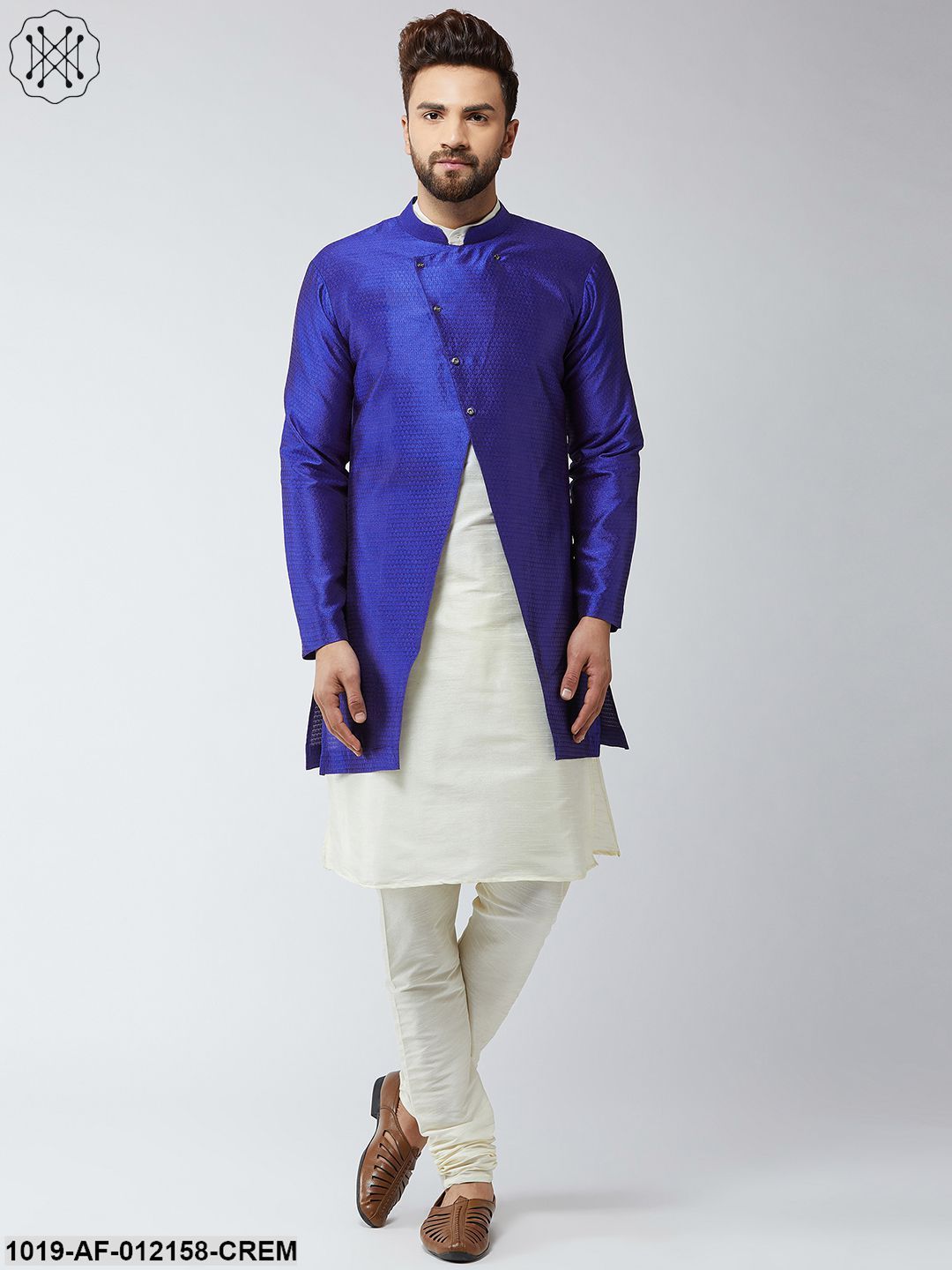 Men's Silk Blend Cream Kurta Churidaar Pyjama & Royal Blue Sherwani Jacket Set - Sojanya