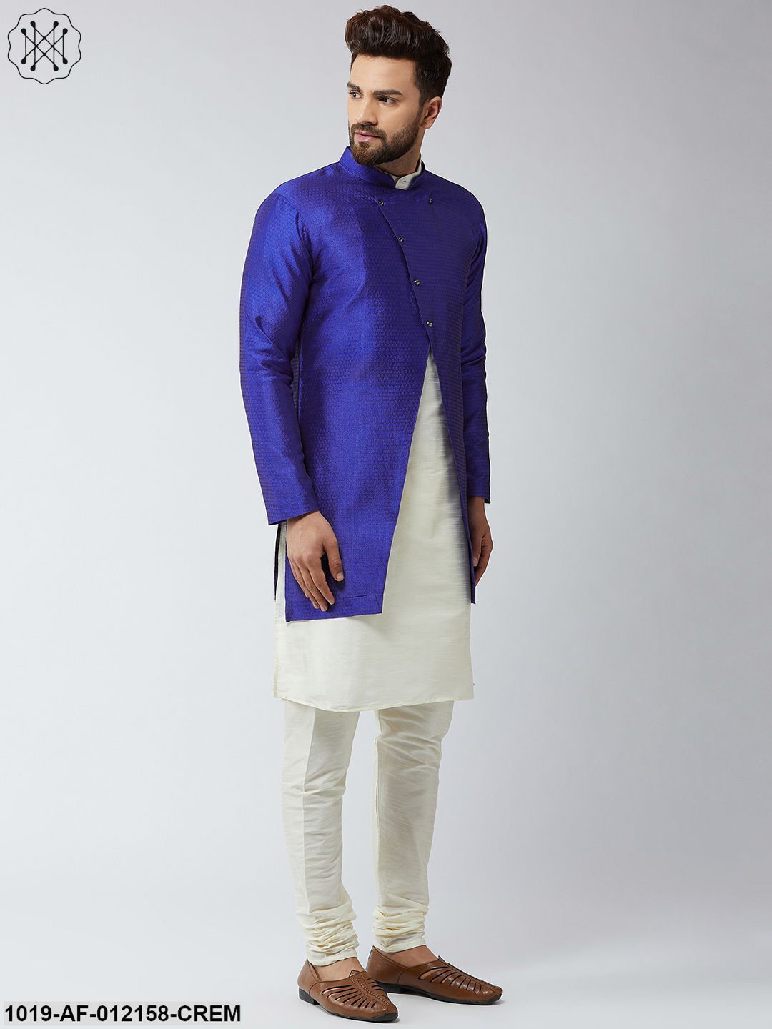 Men's Silk Blend Cream Kurta Churidaar Pyjama & Royal Blue Sherwani Jacket Set - Sojanya