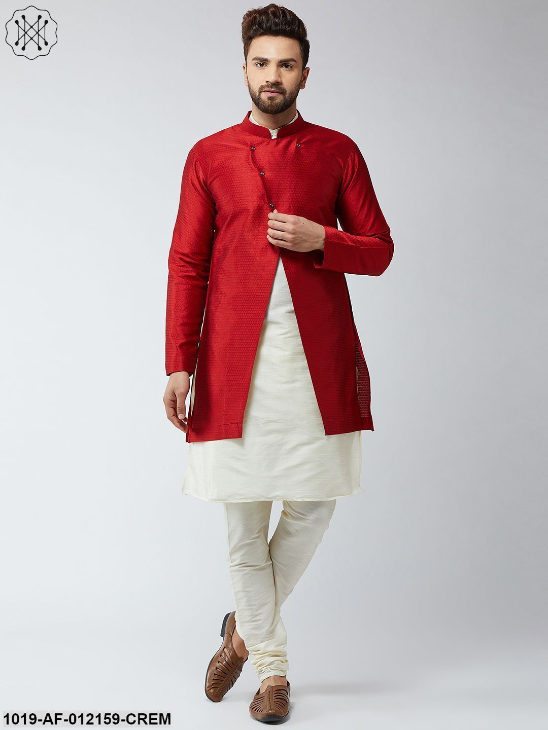 Men's Silk Blend Cream Kurta Churidaar Pyjama & Maroon Sherwani Jacket Set - Sojanya