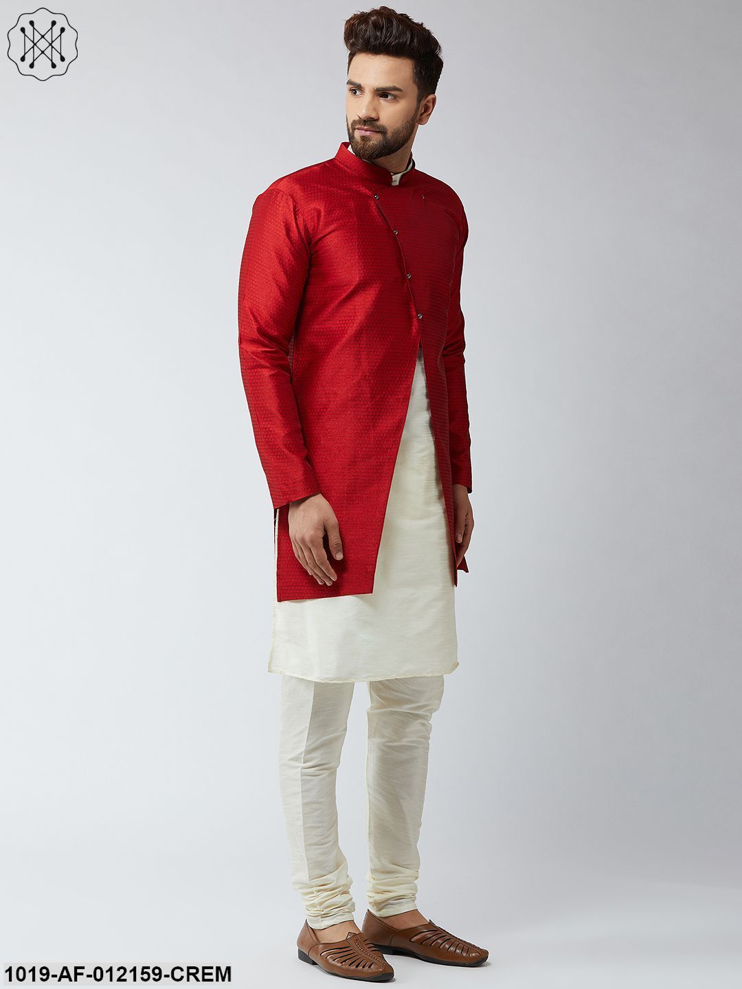 Men's Silk Blend Cream Kurta Churidaar Pyjama & Maroon Sherwani Jacket Set - Sojanya